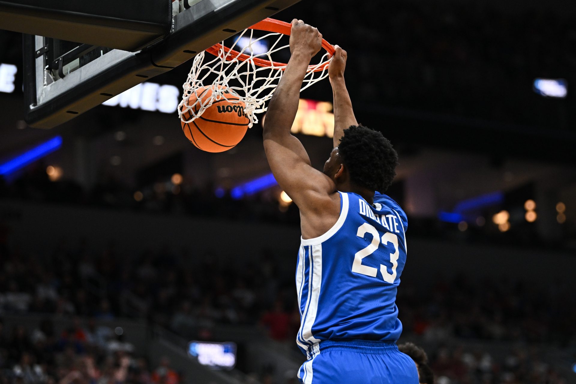 Kentucky Wildcats forward Mouhamed Dioubate (23) dunks during the first half against the Iowa State Cyclones during a second round game of the men's 2026 NCAA Tournament at Enterprise Center. Source: Imagn