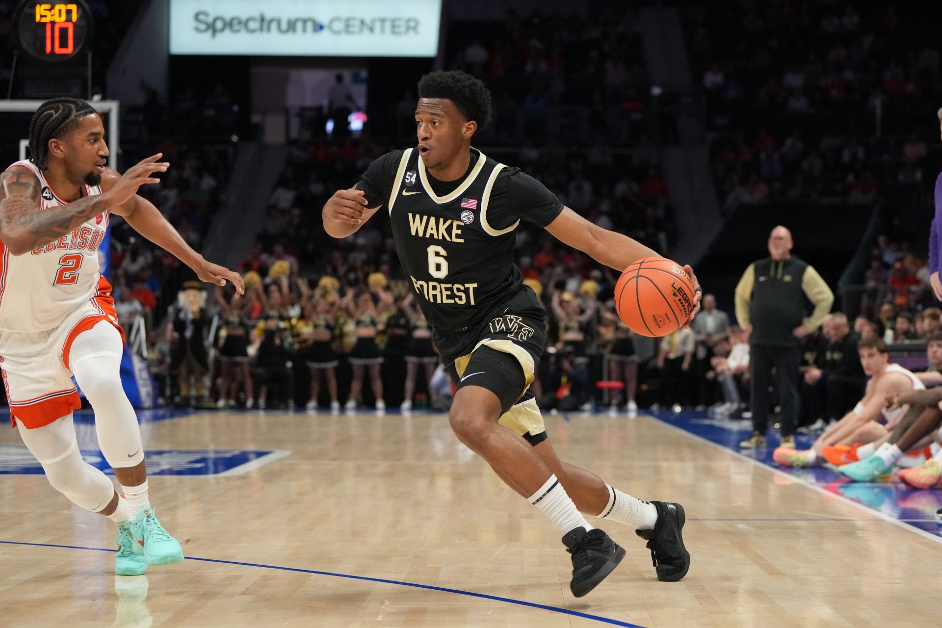 Wake Forest Demon Deacons guard Myles Colvin (6) with the ball as Clemson Tigers guard Dillon Hunter (2) defends in the first half at Spectrum Center. Source: Imagn