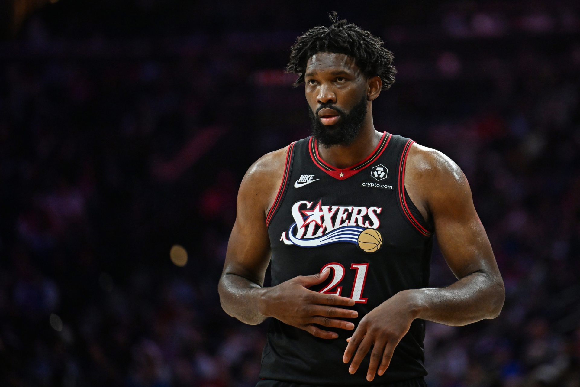 Philadelphia 76ers center Joel Embiid (21) against the Boston Celtics during the second half at Xfinity Mobile Arena - Source: Imagn Images