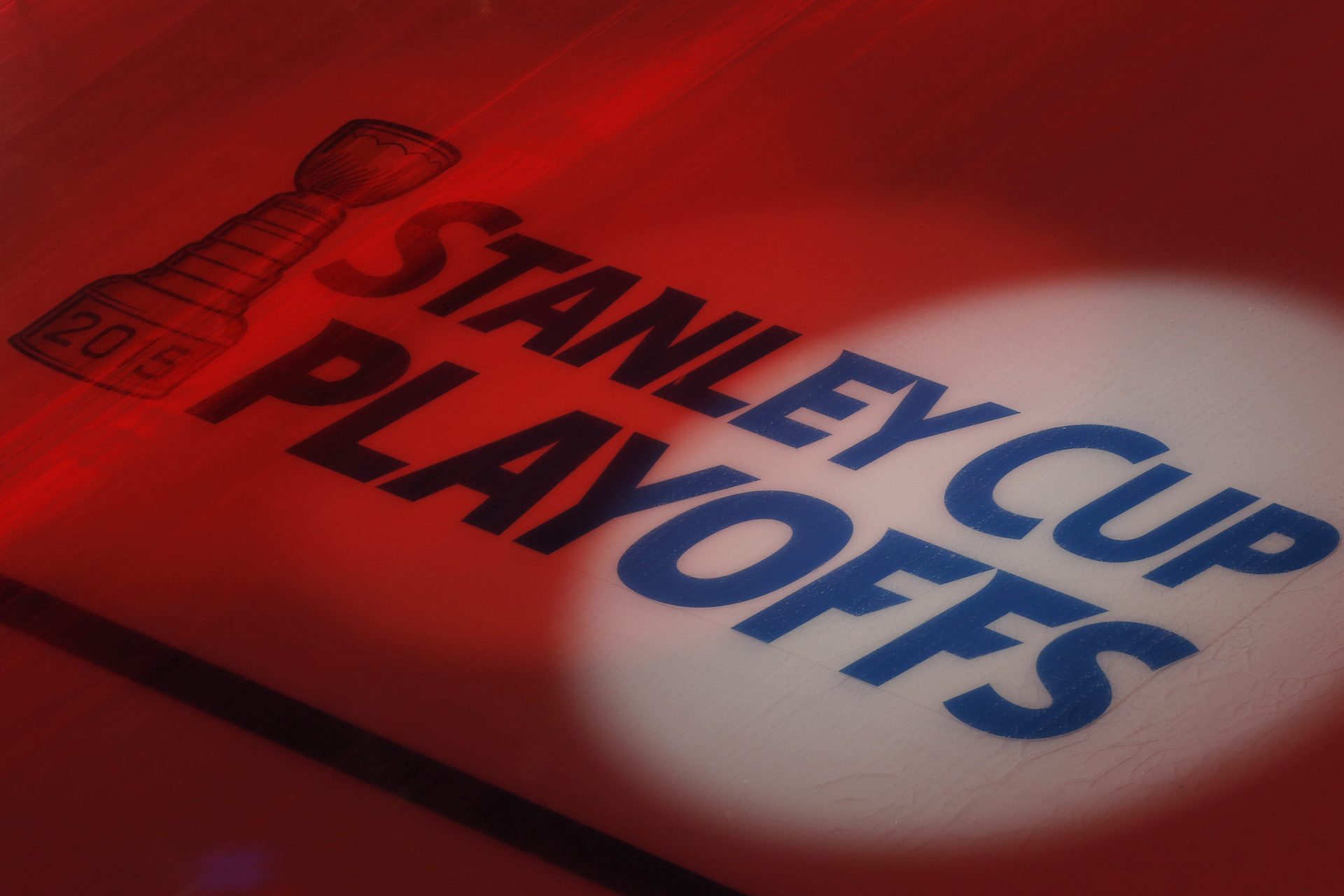A general view of the Stanley Cup Playoffs logo on the ice prior to the game between the Washington Capitals and the New York Islanders in game one of the first round of the the 2015 Stanley Cup Playoffs at Verizon Center. Source: Imagn