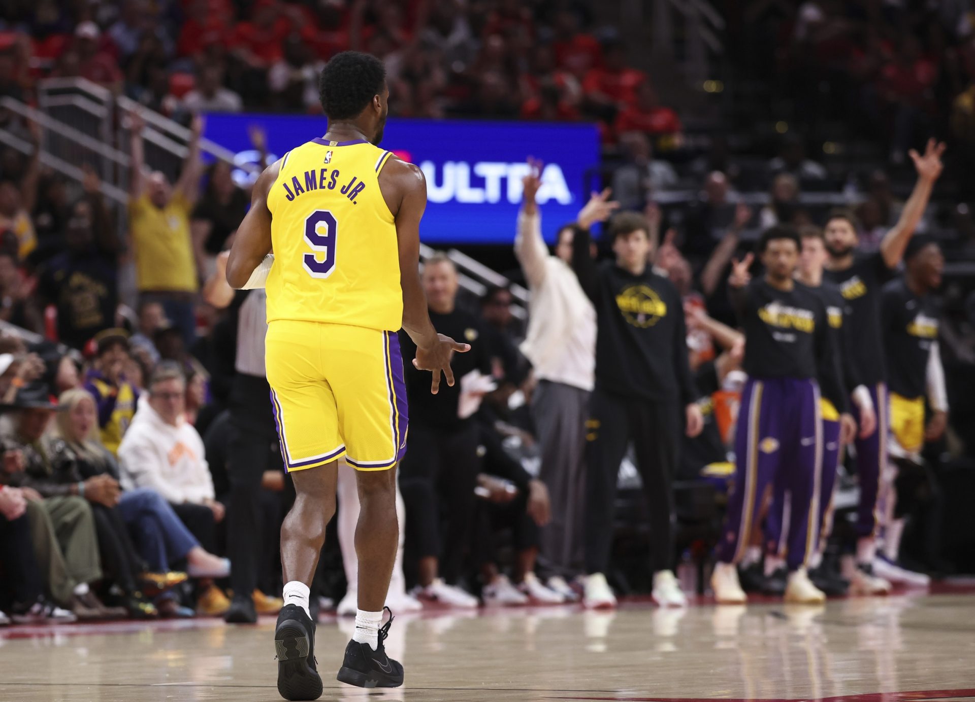 Los Angeles Lakers guard Bronny James (9) reacts after making a basket during the second quarter against the Houston Rockets during game three of the first round of the 2026 NBA Playoffs at Toyota Center - Source: Imagn Images