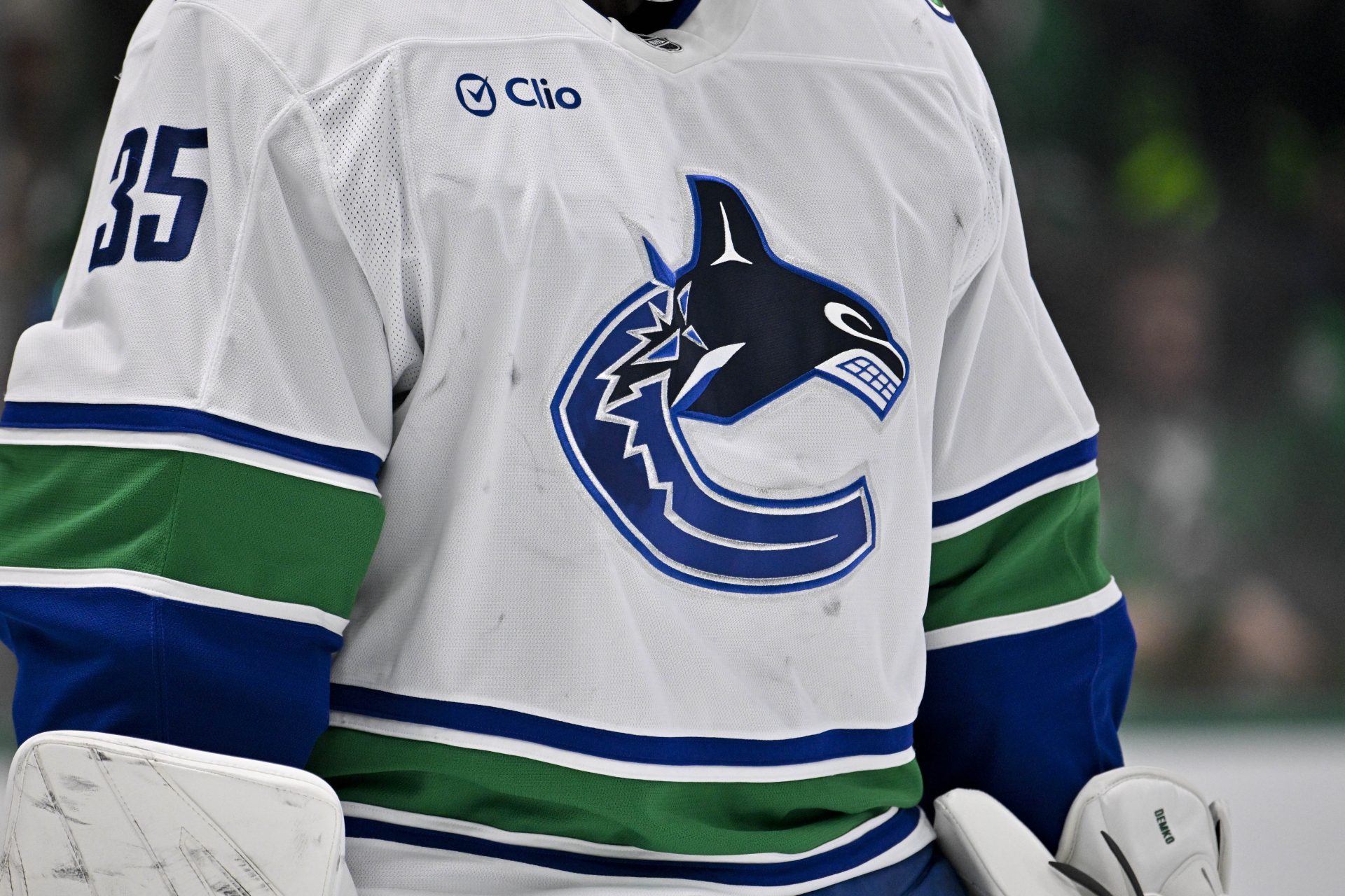 A view of the team logo on the jersey of Vancouver Canucks goaltender Thatcher Demko (35) during the game between the Dallas Stars and the Vancouver Canucks at the American Airlines Center. Source: Imagn