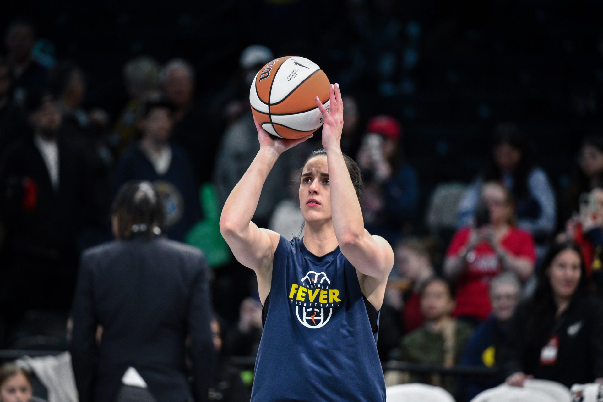 Indiana Fever guard Caitlin Clark (22) warms up before a game against the New York Liberty at Barclays Center. - Source: Imagn