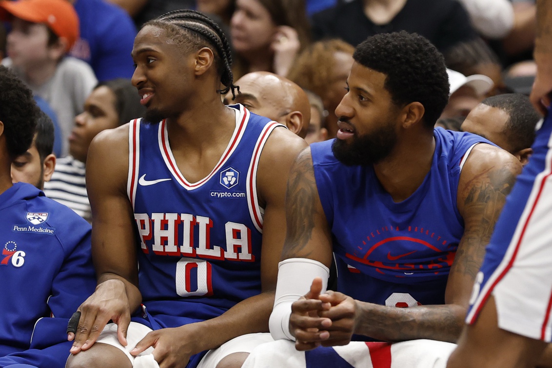Tyrese Maxey and Paul George - Source: Imagn