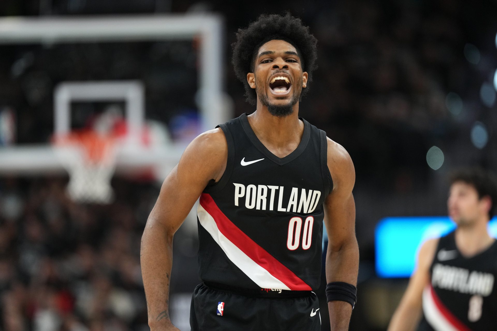 Portland Trail Blazers guard Scoot Henderson (0) reacts after scoring a three point basket during the second half of game two of the first round of the 2026 NBA Playoffs against the San Antonio Spurs at Frost Bank Center. - Source: Imagn