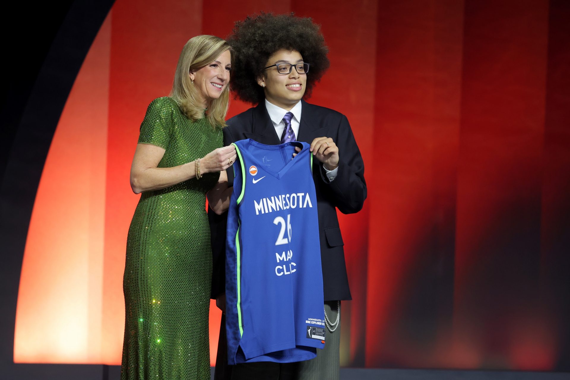 WNBA Commissioner Cathy Engelbert (left) poses for photos with Olivia Miles who was selected second overall by the Minnesota Lynx during the 2026 WNBA Draft at The Shed at Hudson Yards - Source: Imagn Images