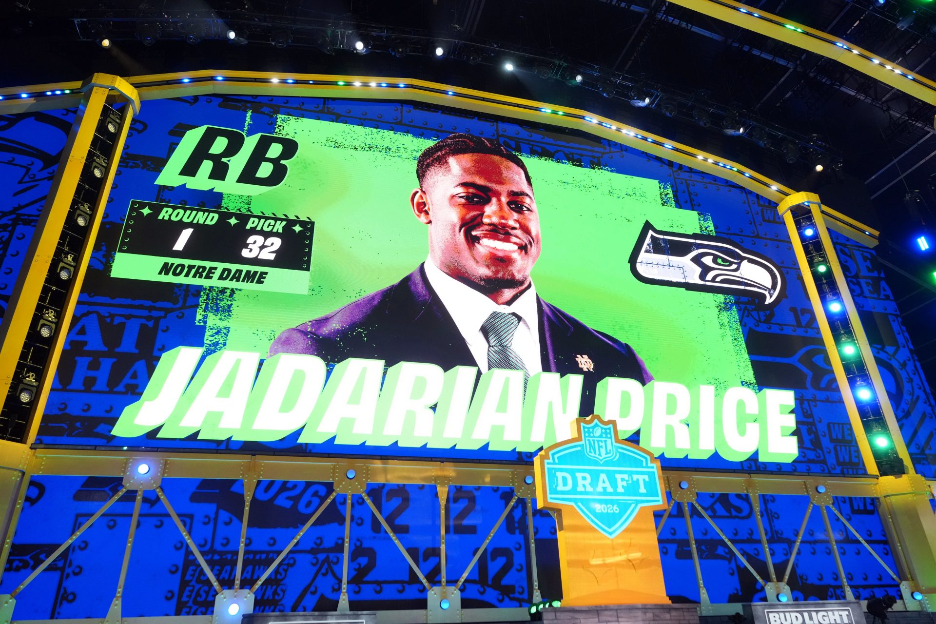 Notre Dame Fighting Irish running back Jadarian Price is selected by the Seattle Seahawks as the number 32 pick during the 2026 NFL Draft at Acrisure Stadium. Source: Imagn