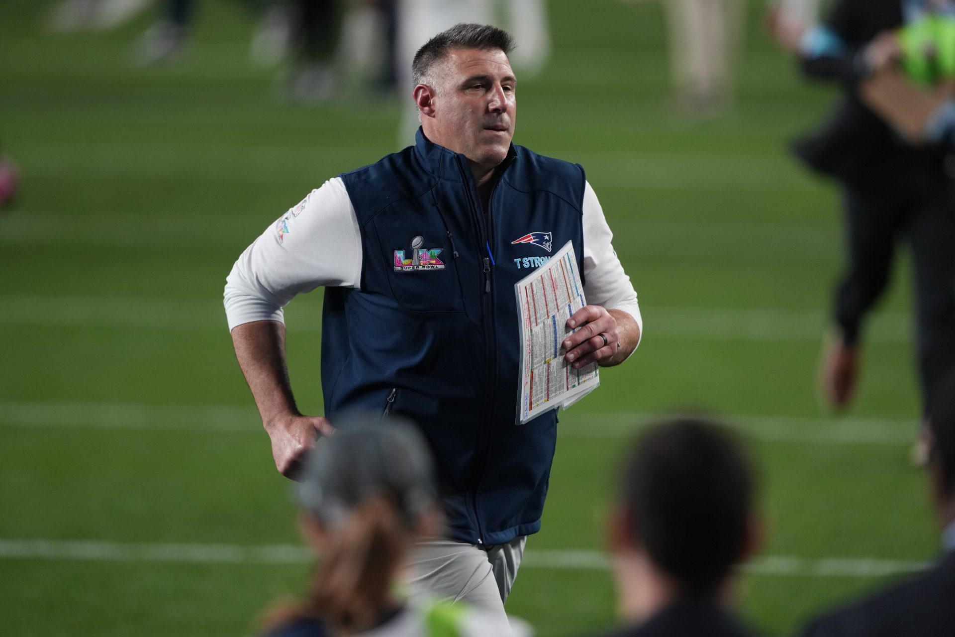 New England Patriots head coach Mike Vrabel runs on the field after the game against the Seattle Seahawks in Super Bowl LX at Levi's Stadium. Source: Imagn