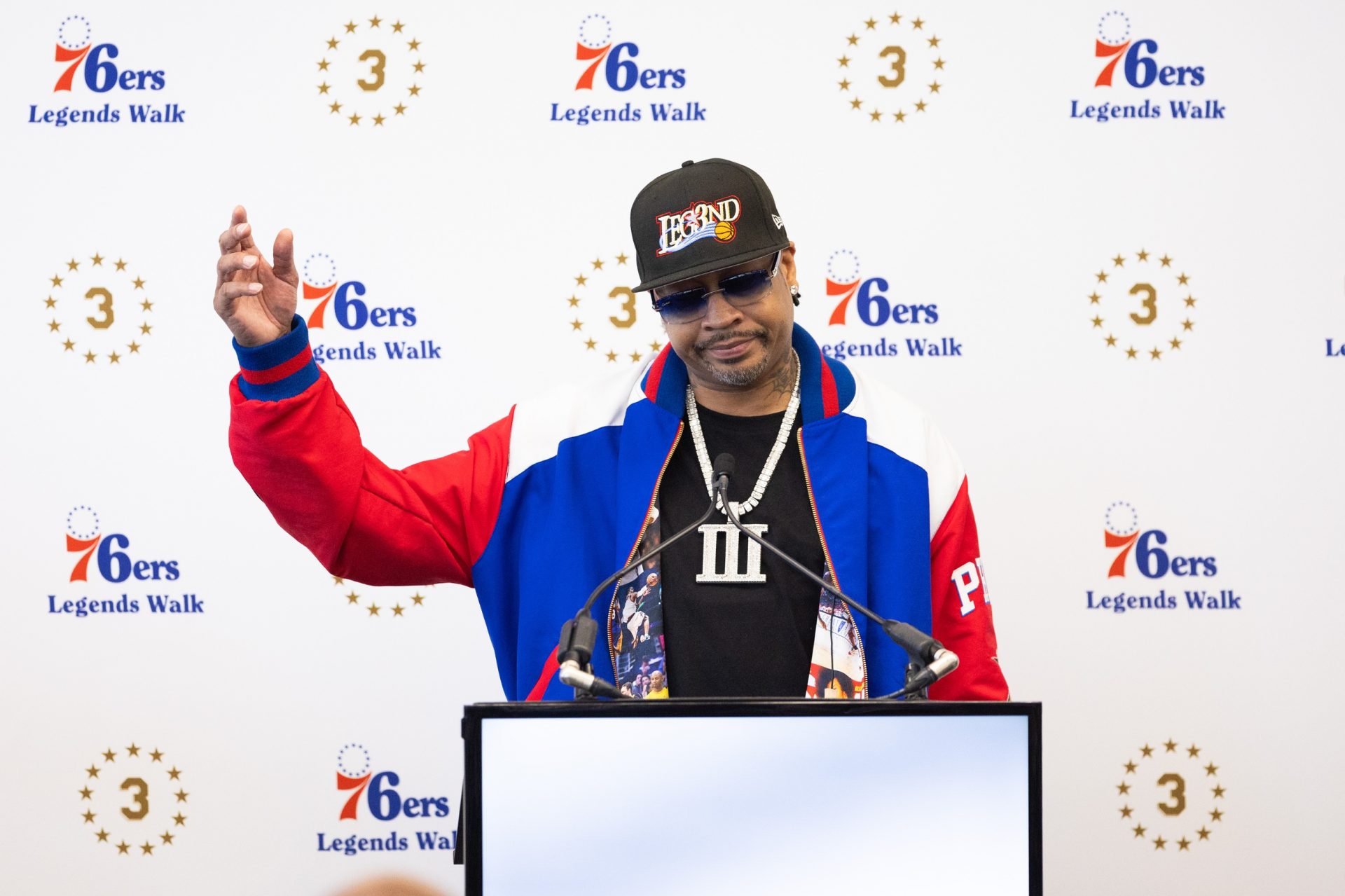 Philadelphia 76ers great Allen Iverson speaks at the podium during the unveiling of a statue honoring him in a ceremony at Penn Medicine Philadelphia 76ers Training Complex - Source: USA TODAY Sports