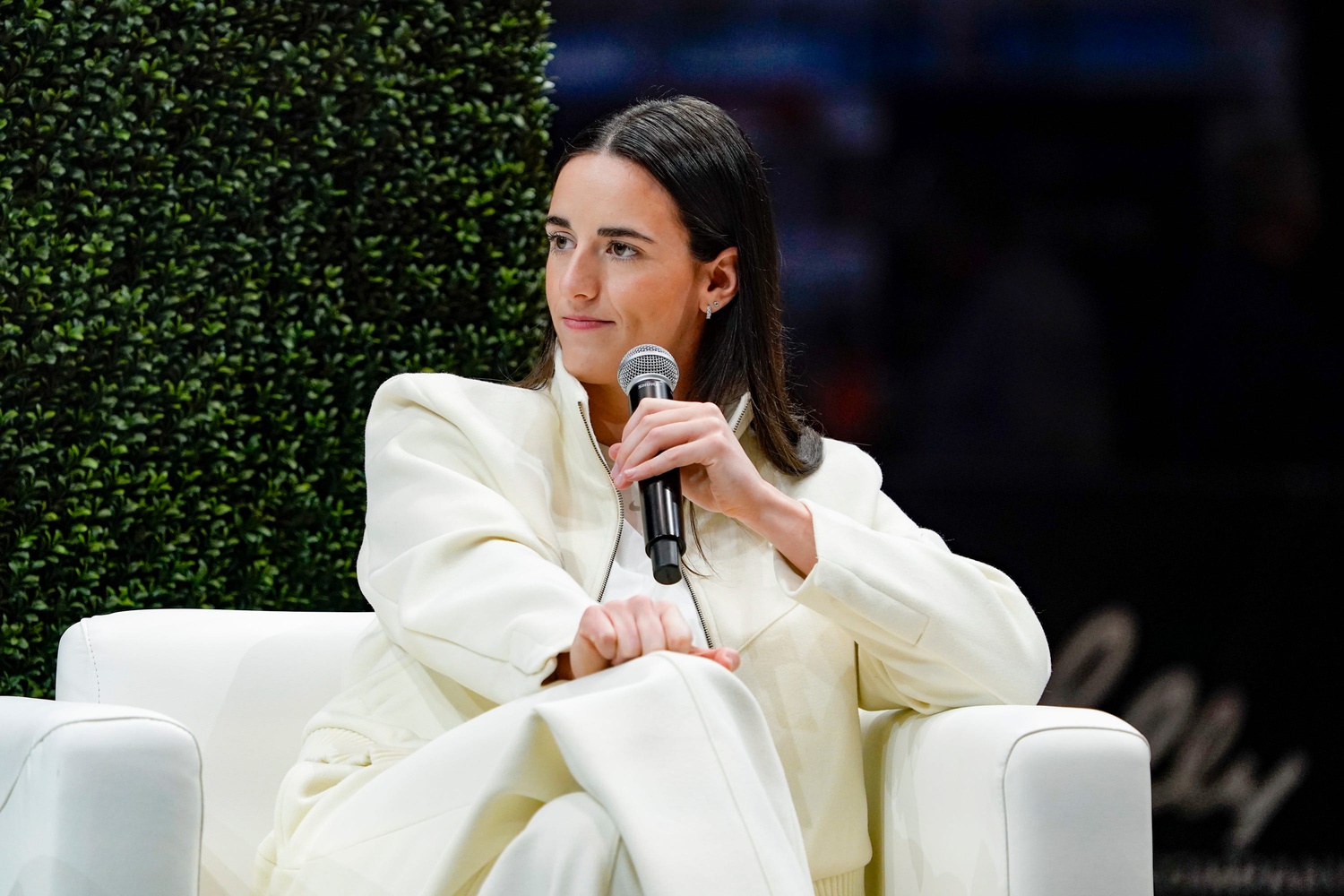 Caitlin Clark (shown here), Jalen Rose,and Darryn Peterson gather on a court during the Final Four Fan Fest for a panel discussion at the Indiana Convention Center on Friday, April 3, 2026, in Indianapolis. - Source: Imagn