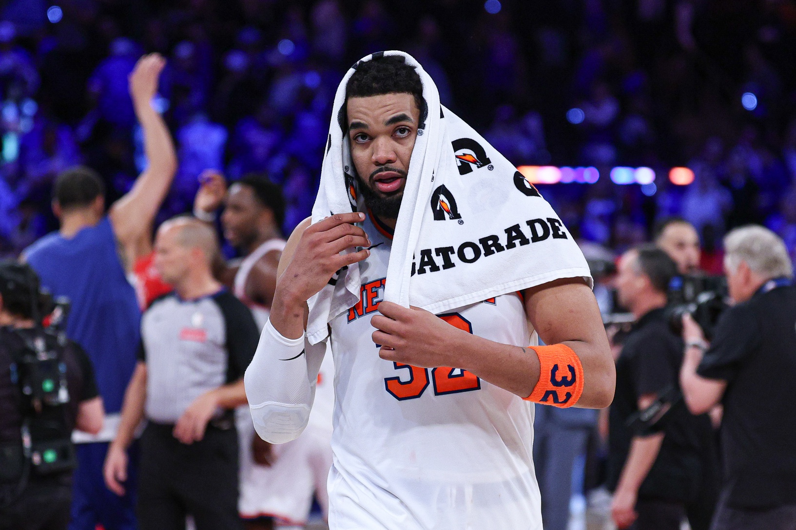 New York Knicks center Karl-Anthony Towns (32) on the court after defeating the Atlanta Hawks of the 2026 NBA Playoffs at Madison Square Garden - Source: Imagn Images