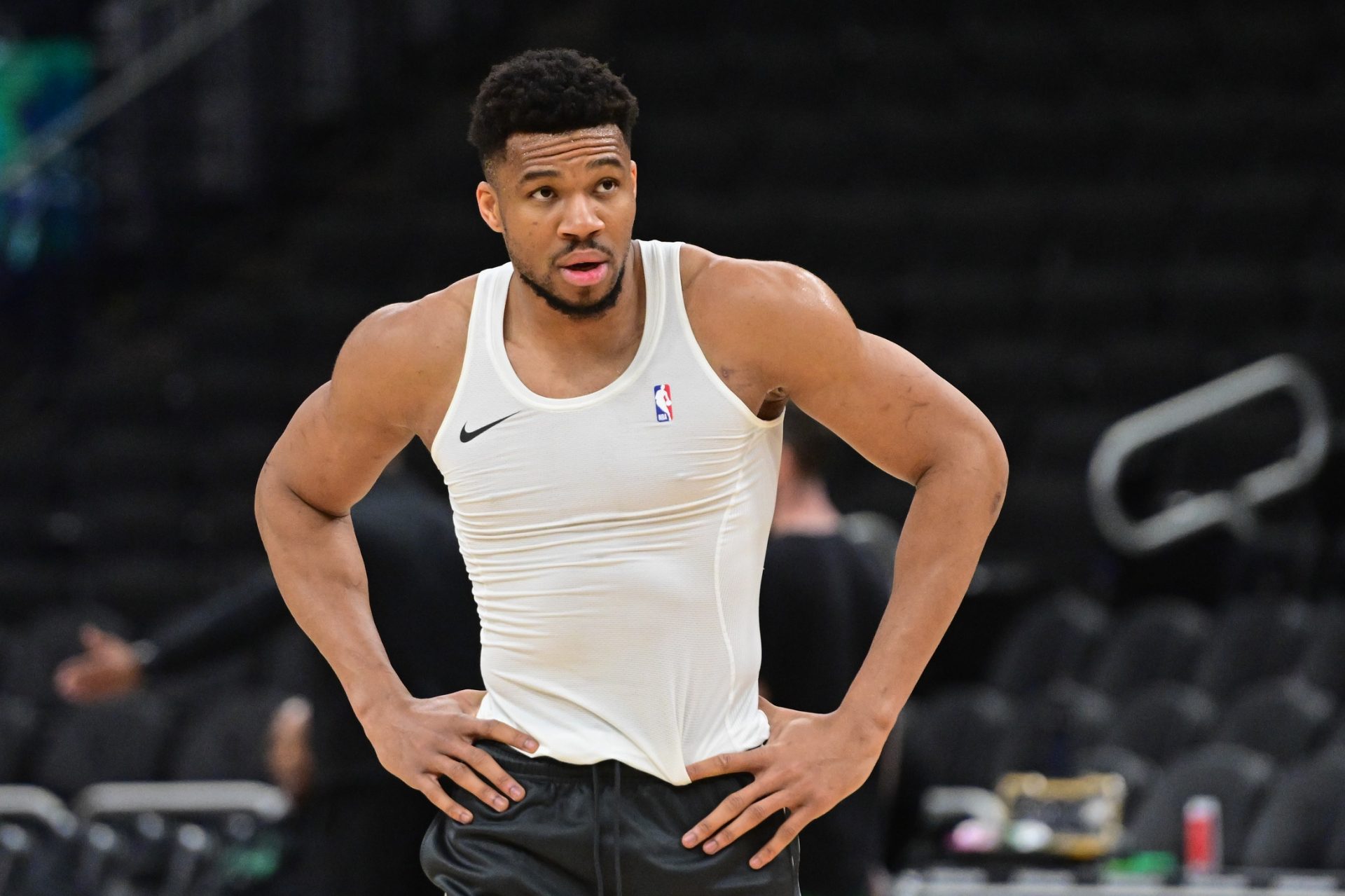 Milwaukee Bucks forward Giannis Antetokounmpo (34) warms up before the game against the Boston Celtics at Fiserv Forum - Source: Imagn Images