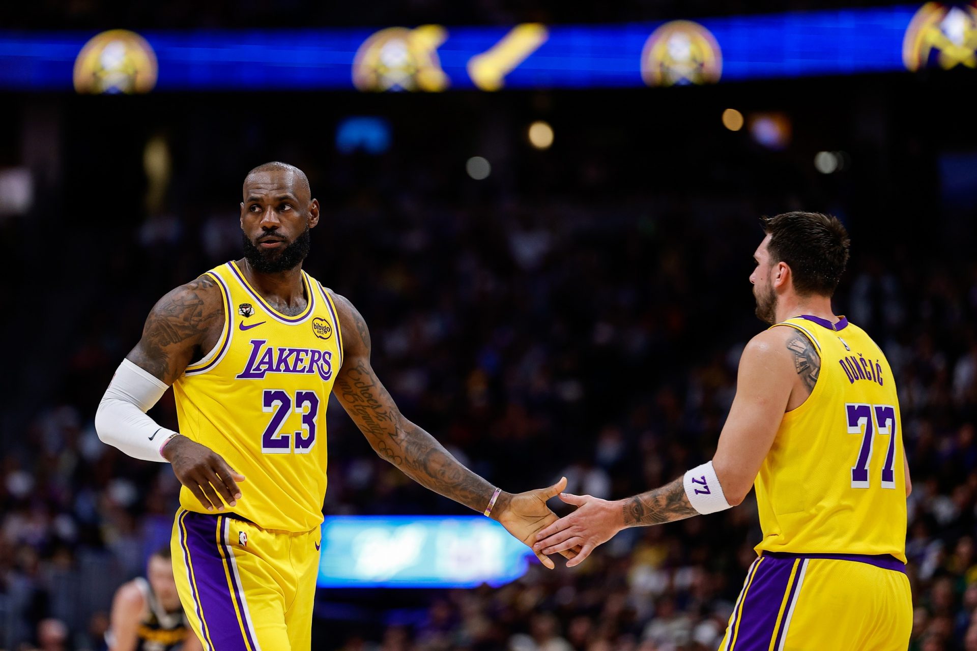 Los Angeles Lakers forward LeBron James (23) and guard Luka Doncic (77) in the first quarter against the Denver Nuggets at Ball Arena. - Source: Imagn