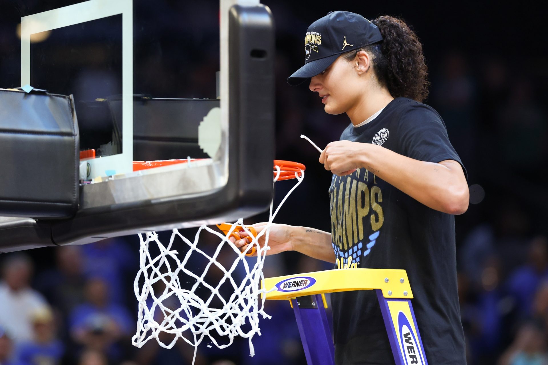 UCLA Bruins center Lauren Betts (51) cuts down the net after the National Championship game against the South Carolina Gamecocks of the women's 2026 NCAA Tournament at Mortgage Matchup Center. Source: Imagn