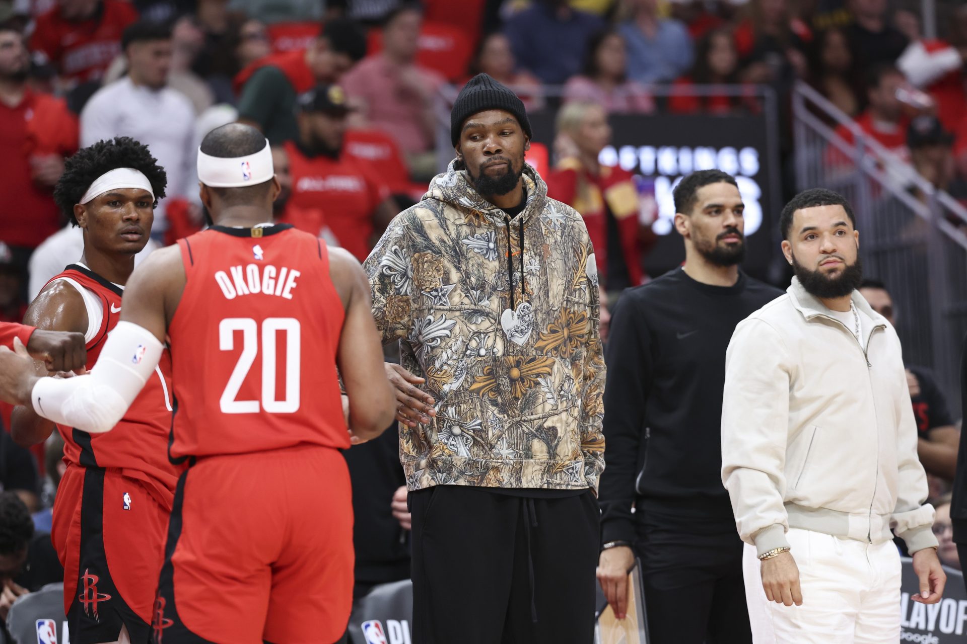 Houston Rockets forward Kevin Durant stands on the sideline during the first quarter against the Los Angeles Lakers during game four of the first round of the 2026 NBA Playoffs at Toyota Center.