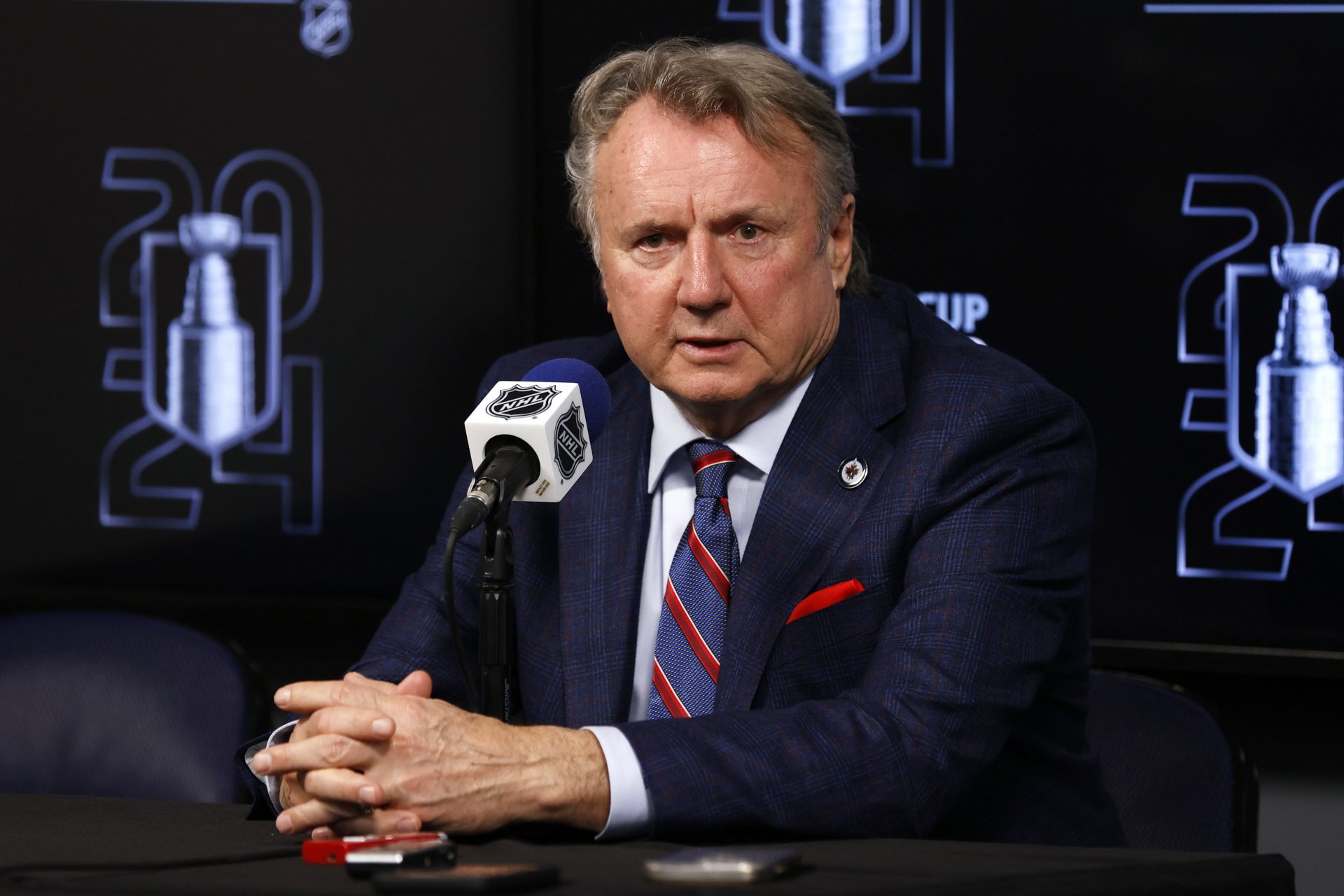 Winnipeg Jets head coach Rick Bowness talks to media after their loss to the Colorado Avalanche in game five of the first round of the 2024 Stanley Cup Playoffs at Canada Life Centre. Source: Imagn