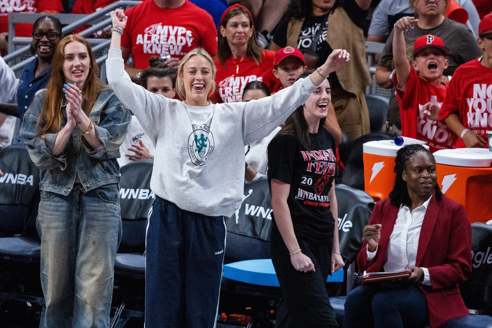 Indiana Fever guard Caitlin Clark (22) and guard Sophie Cunningham (8) on the sideline during game two of round one against the Atlanta Dream for the 2025 WNBA Playoffs at Gainbridge Fieldhouse - Source: Imagn Images