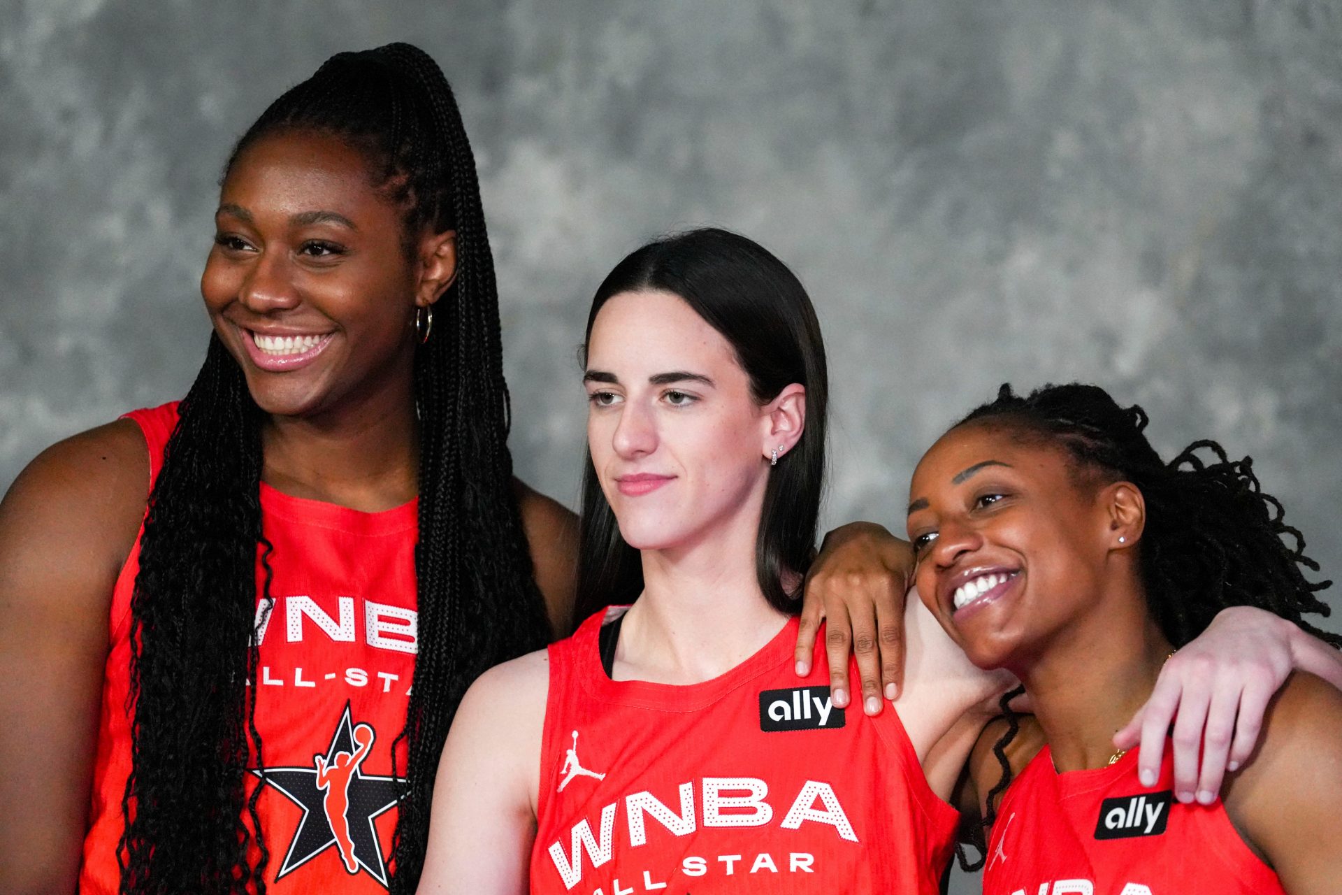 Indiana Fever's Aliyah Boston (7), Caitlin Clark (22) and Kelsey Mitchell (0) take a phot before the 2025 WNBA All-Star Game on Saturday, July 19, 2025, at Gainbridge Fieldhouse in Indianapolis. - Source: USA Today Network