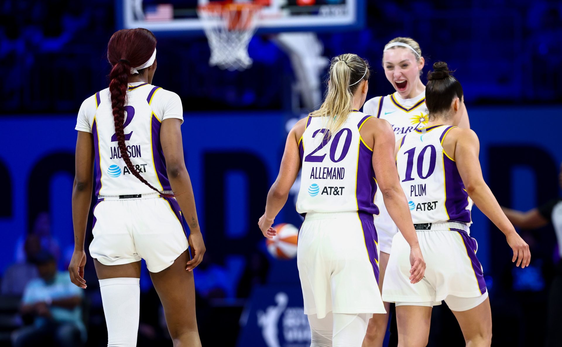 Los Angeles Sparks forward Rickea Jackson (2) celebrates with Los Angeles Sparks guard Julie Allemand (20) and Los Angeles Sparks guard Kelsey Plum (10) and Los Angeles Sparks forward Cameron Brink (22) against the Dallas Wings during the second half at College Park Center - Source: Imagn Images