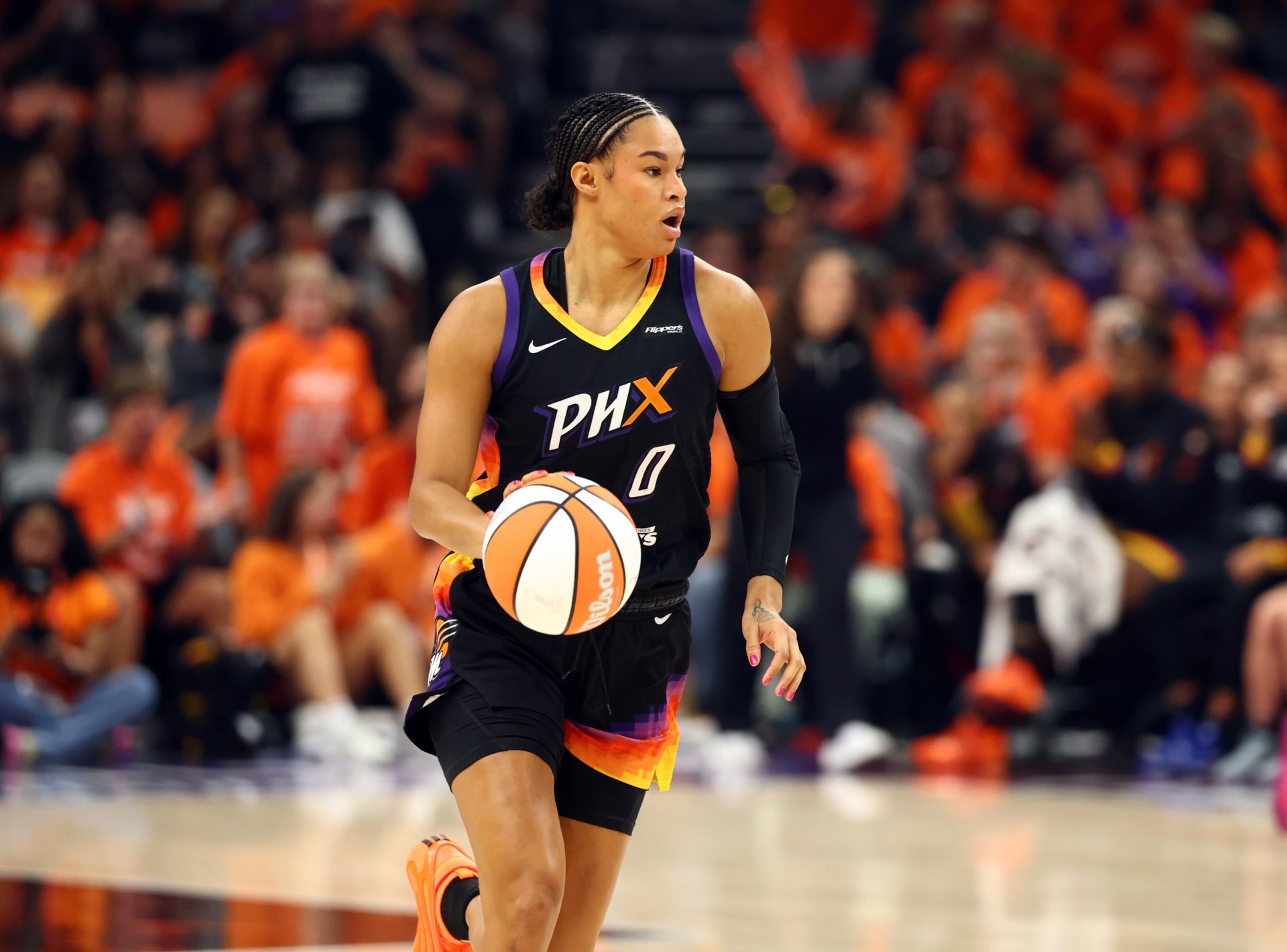 Phoenix Mercury forward Satou Sabally (0) against the Las Vegas Aces during game three of the 2025 WNBA Finals at PHX Arena. - Source: Imagn