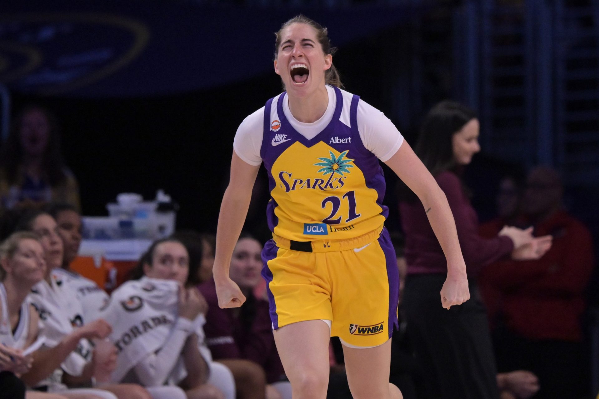 Los Angeles Sparks guard Kate Martin (21)  reacts after a three-point basket during the first half against the Toronto Tempo at Crypto.com Arena - Source: Imagn Images