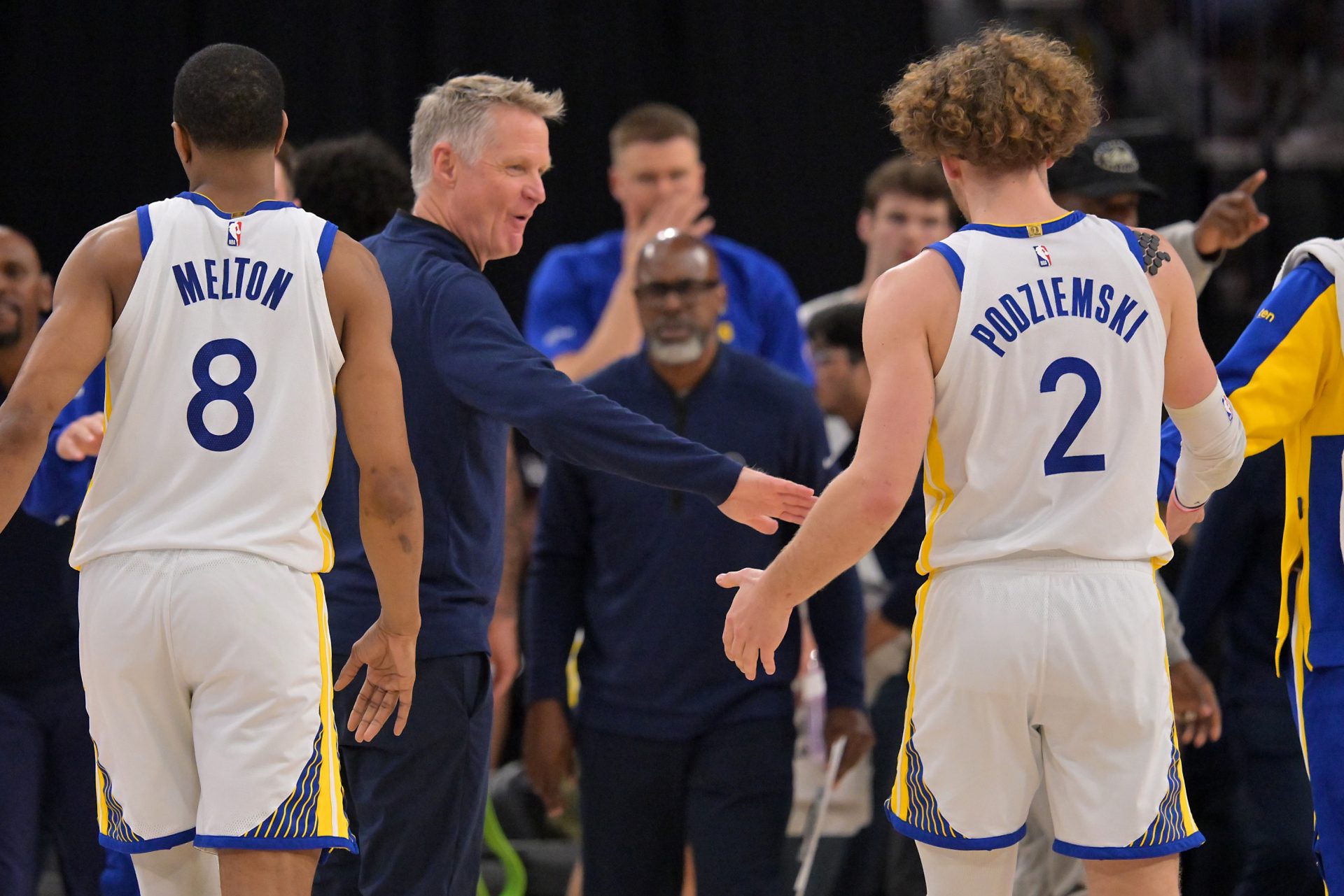 Golden State Warriors head coach Steve Kerr smiles at guard Brandin Podziemski (2) in the second half against the Los Angeles Clippers during the play-in rounds of the 2026 NBA Playoffs at Intuit Dome - Source: Imagn Images