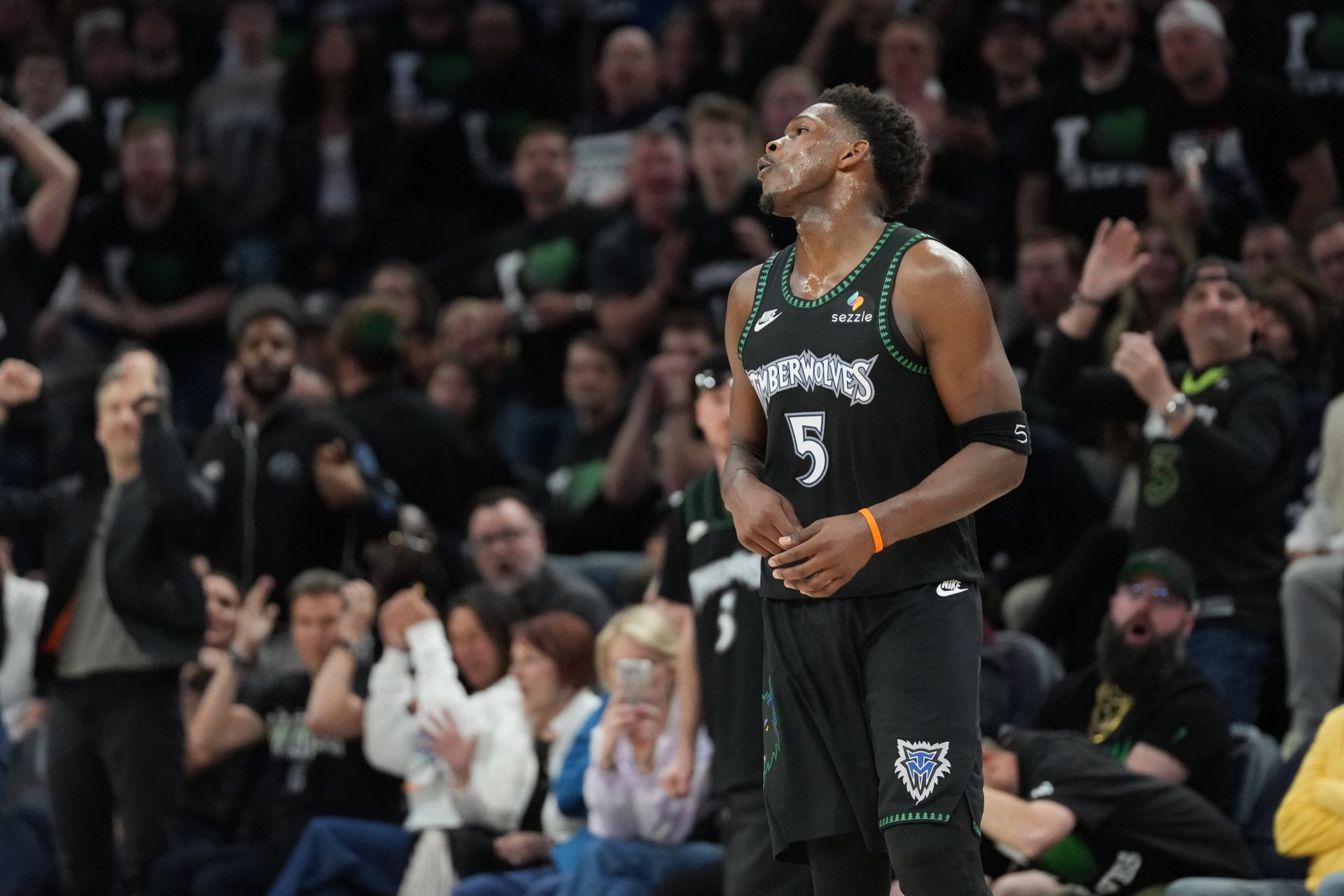 Minnesota Timberwolves guard Anthony Edwards (5) reacts to missing a shot against the San Antonio Spurs in the second half during game three of the second round of the 2026 NBA Playoffs at Target Center - Source: Imagn Images