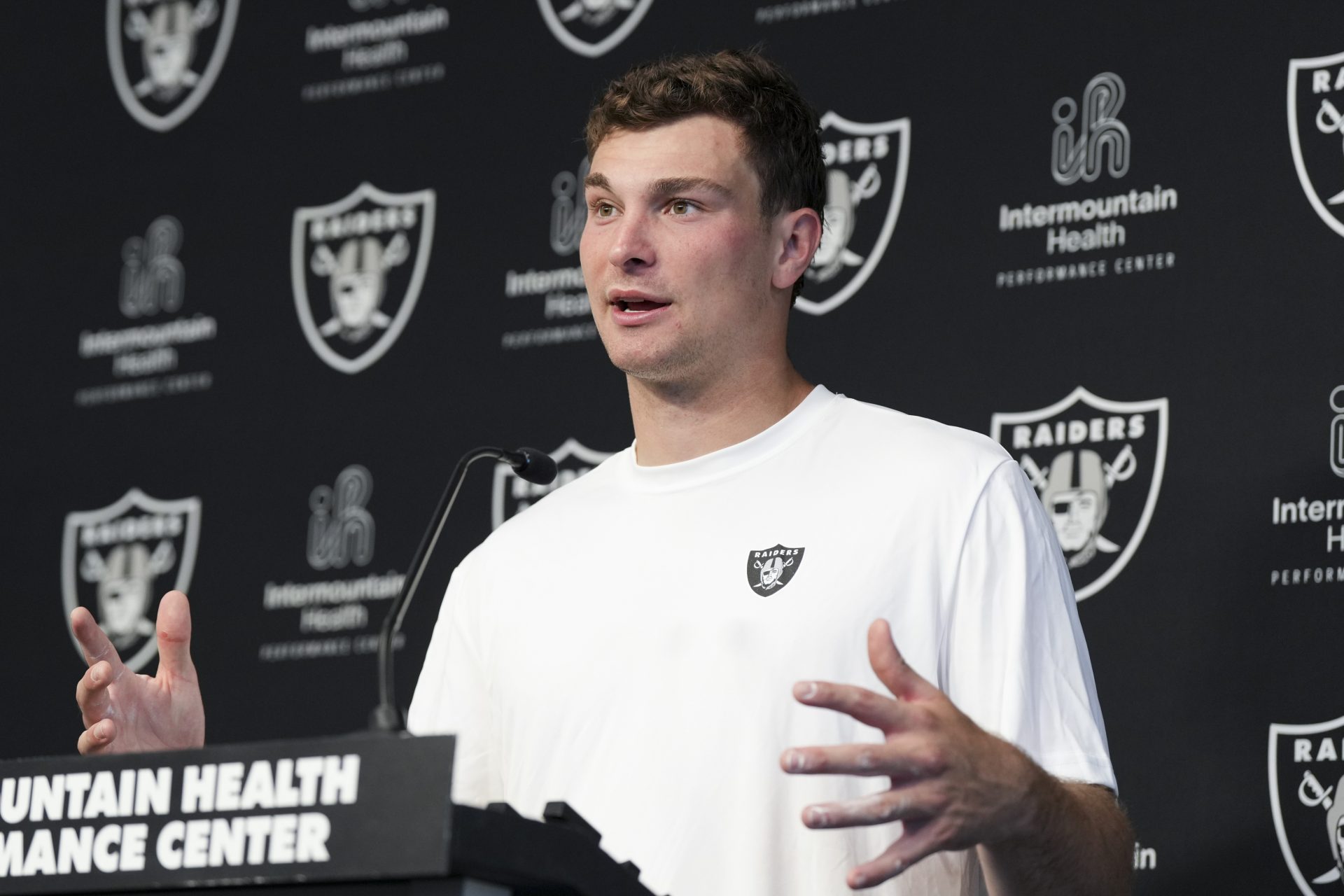 Las Vegas Raiders quarterback Fernando Mendoza (15) speaks during a news conference at the team’s Rookie Minicamp at Intermountain Health Performance Center.