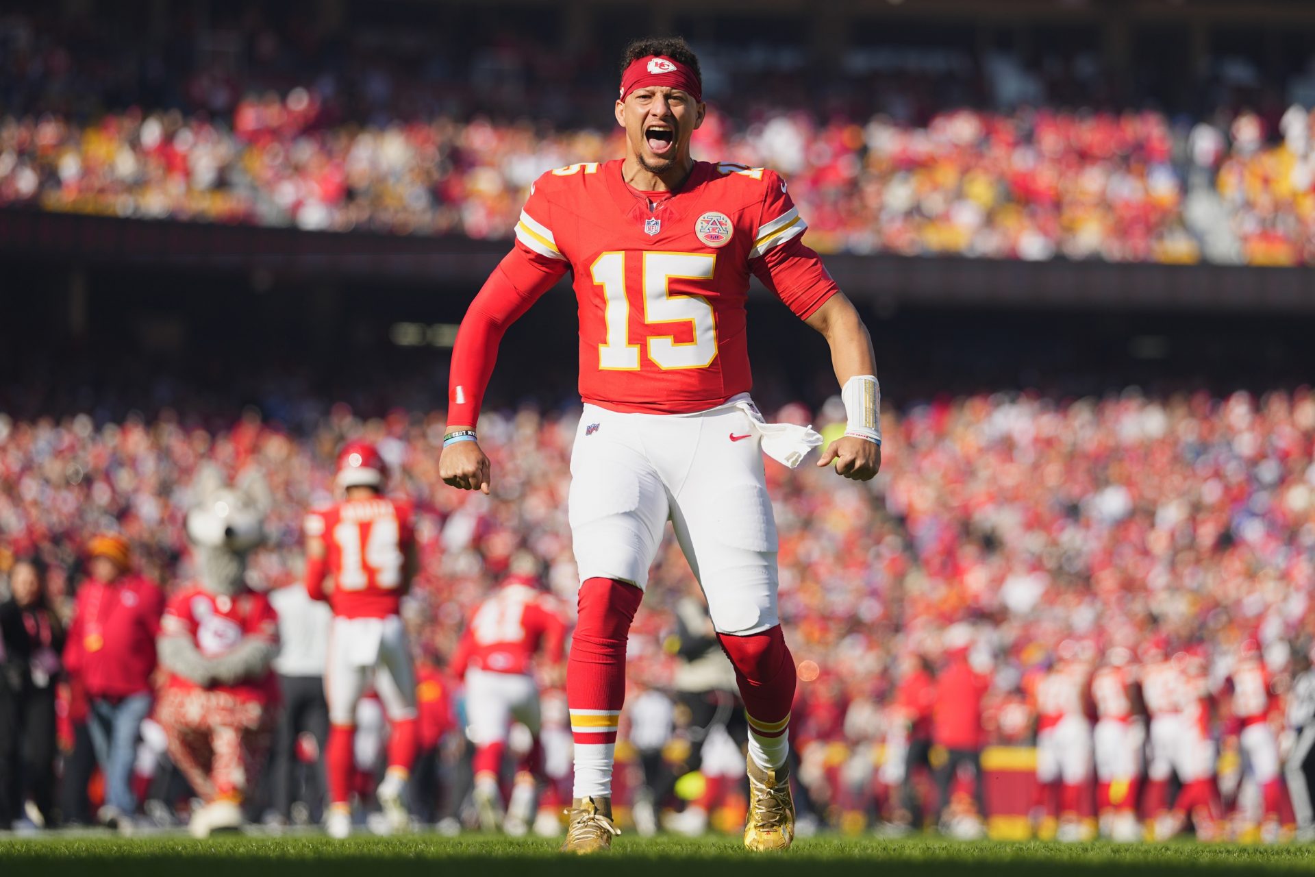 Kansas City Chiefs quarterback Patrick Mahomes (15) reacts before the game against the Indianapolis Colts at GEHA Field at Arrowhead Stadium.