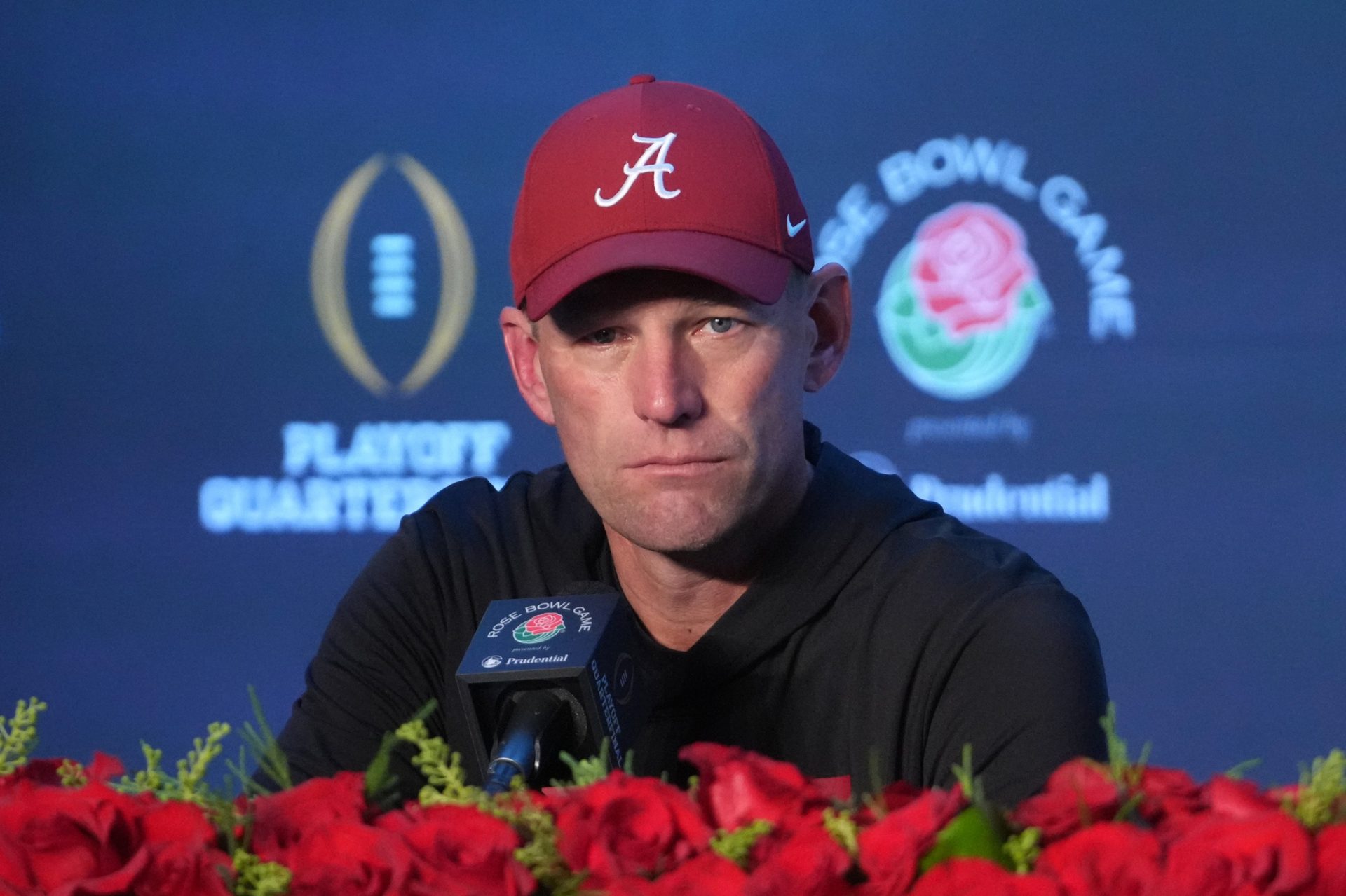 Alabama Crimson Tide head coach Kalen DeBoer speaks in a press conference after the 2026 Rose Bowl and quarterfinal game of the College Football Playoff at Rose Bowl Stadium.
Source: Imagn