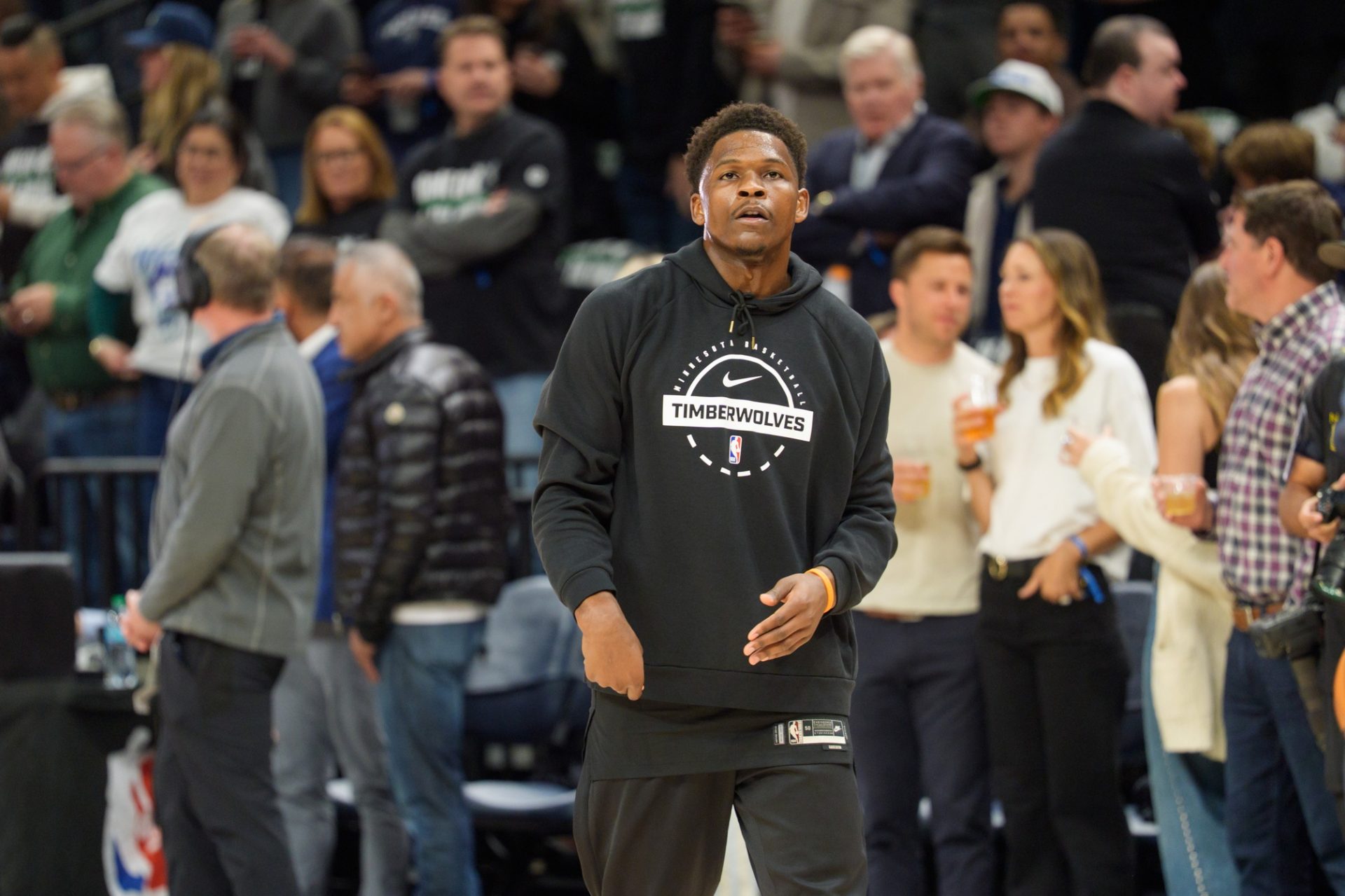 Minnesota Timberwolves guard Anthony Edwards (5) warms up before the game against the Denver Nuggets at Target Center.