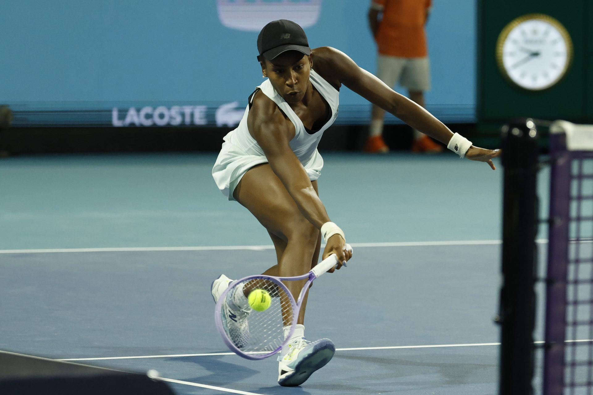 Coco Gauff (USA) reaches for a forehand against Belinda Bencic (SUI) (not pictured) on day eight of the 2026 Miami Open at Hard Rock Stadium.