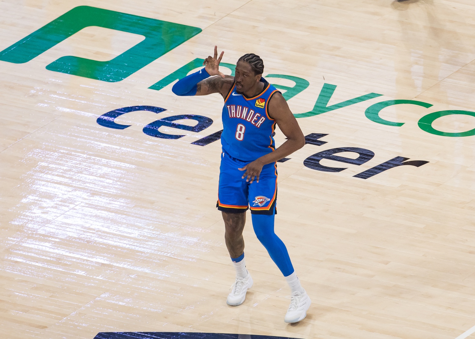 Oklahoma City Thunder forward Jalen Williams (8) reacts in double overtime against the San Antonio Spurs during game one of the western conference finals for the 2026 NBA playoffs at Paycom Center.