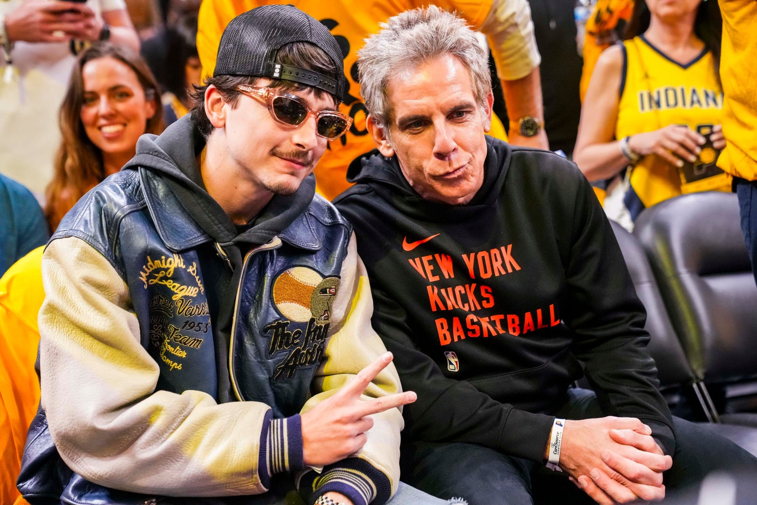 Actors Timothée Chalamet and Ben Stiller pose for a photographer on May 27, 2025, before Game 4 of the NBA Eastern Conference Finals at Gainbridge Fieldhouse in Indianapolis, Ind - Source: Imagn Images
