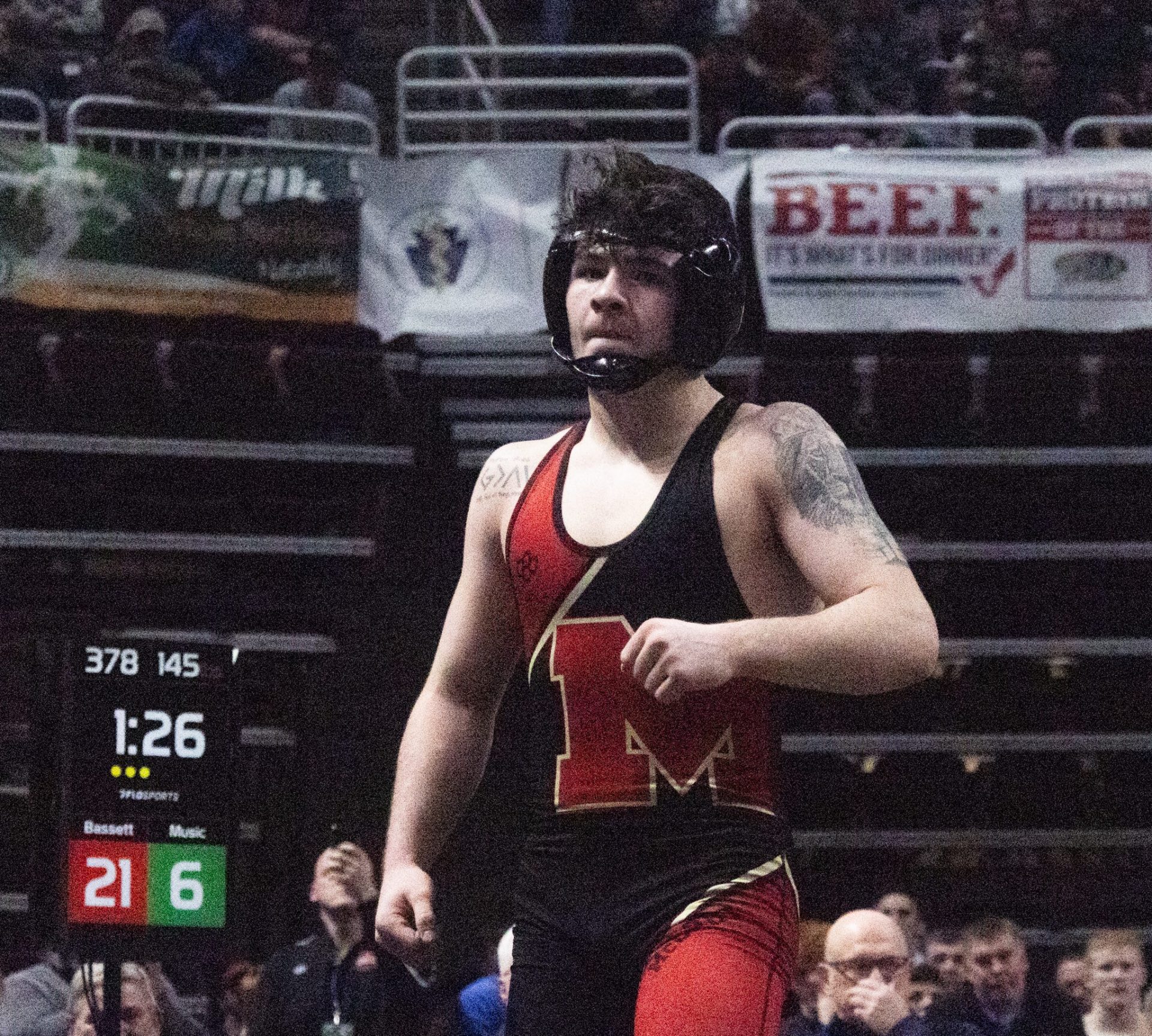 Bishop McCort’s Bo Bassett looks to the sidelines after defeating Bishop McDevitt’s Greyson Music at 145 pounds in PIAA AA Day 2 action on Friday, Mar. 6 2026 at the Giant Center. Bassett won 21-6 by tech fall to advance to his career’s third PIAA finals matchup.