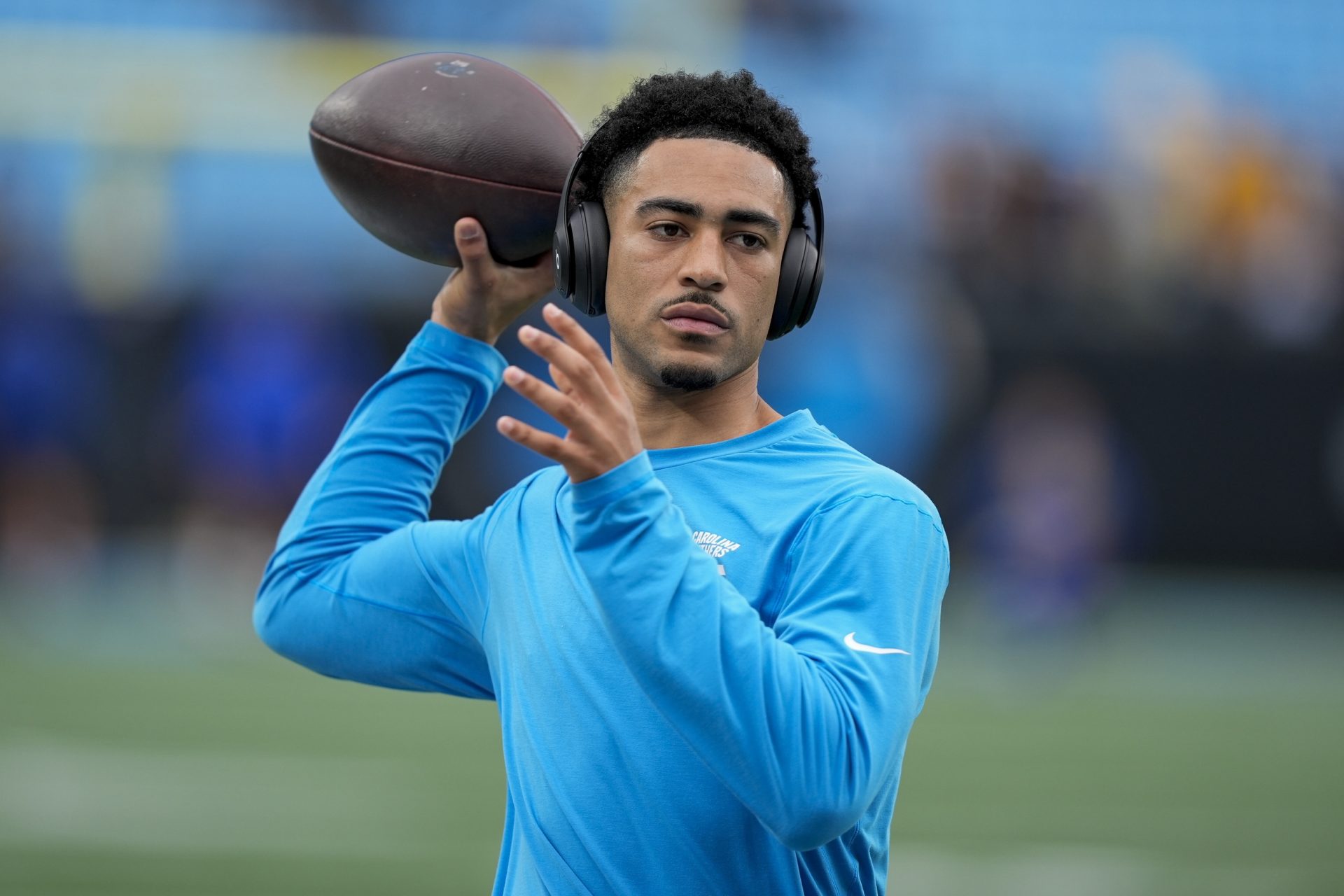 Carolina Panthers quarterback Bryce Young (9) during pregame warm ups before the NFC Wild Card Round game between the Carolina Panthers and the Los Angeles Rams at Bank of America Stadium.