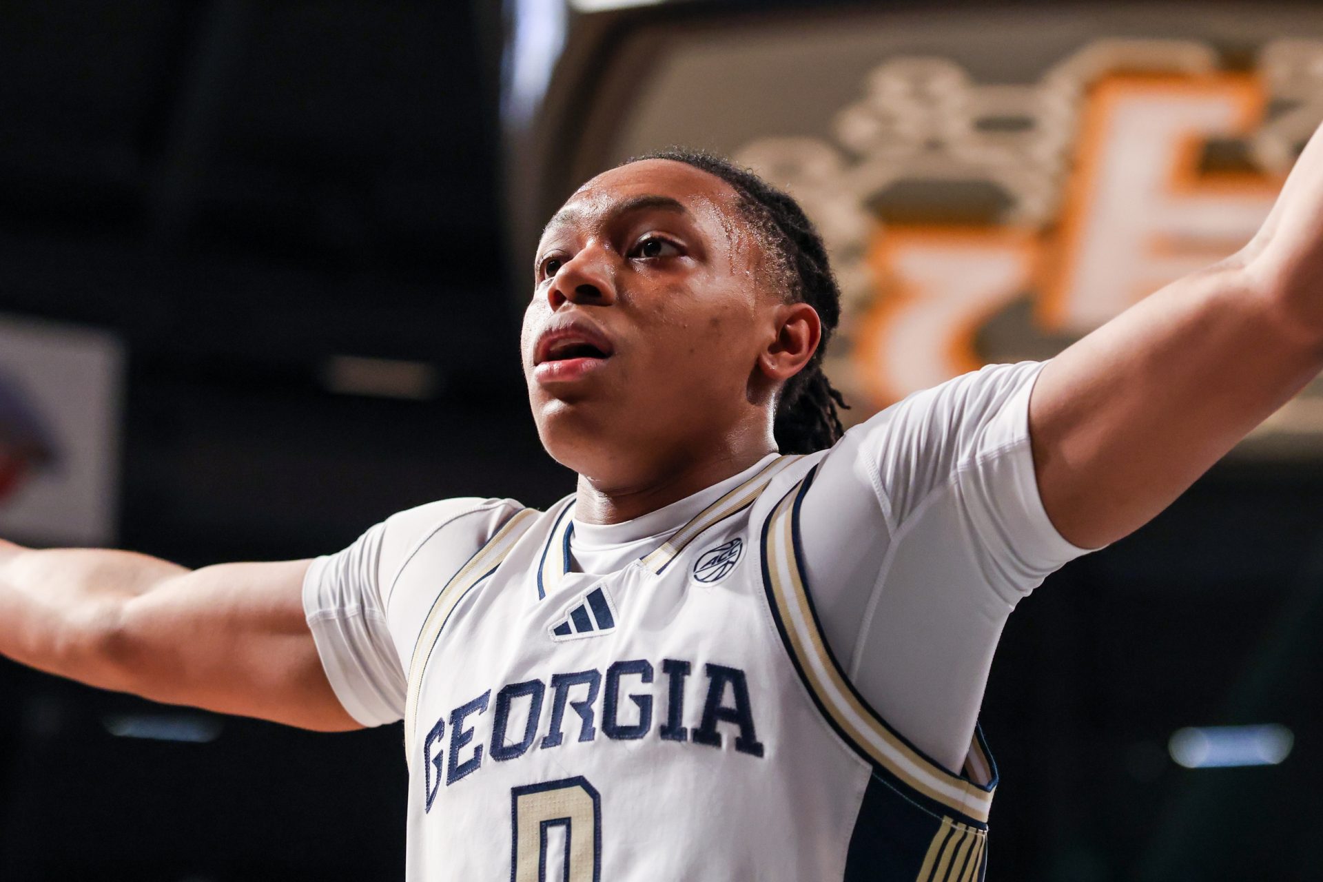 Georgia Tech Yellow Jackets guard Akai Fleming (0) plays defense against the California Golden Bears during the first half at McCamish Pavilion.