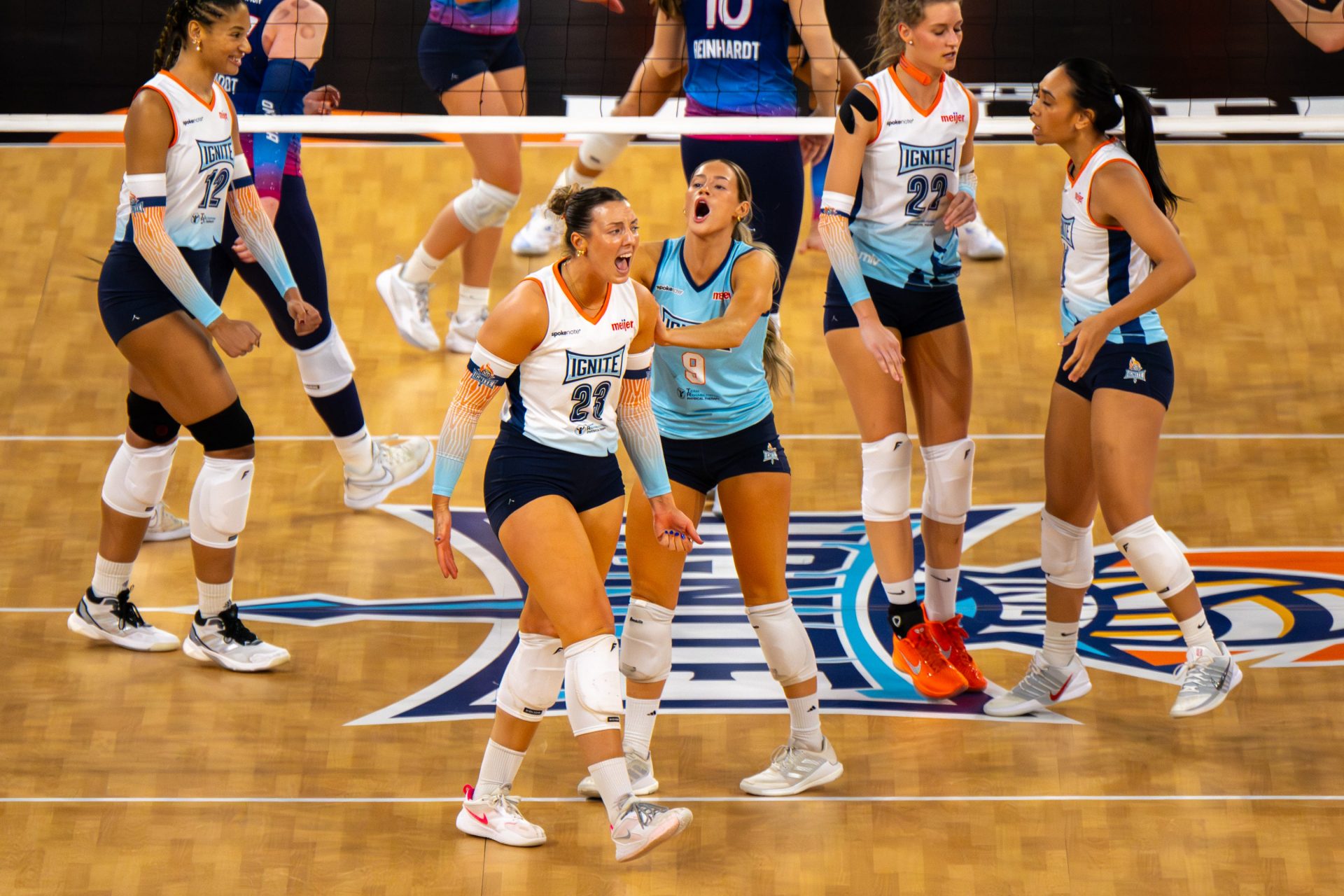 Indy Ignite players react during a Major League Volleyball match against Omaha Supernovas, Saturday, Jan. 24, 2026, at Fishers Event Center.