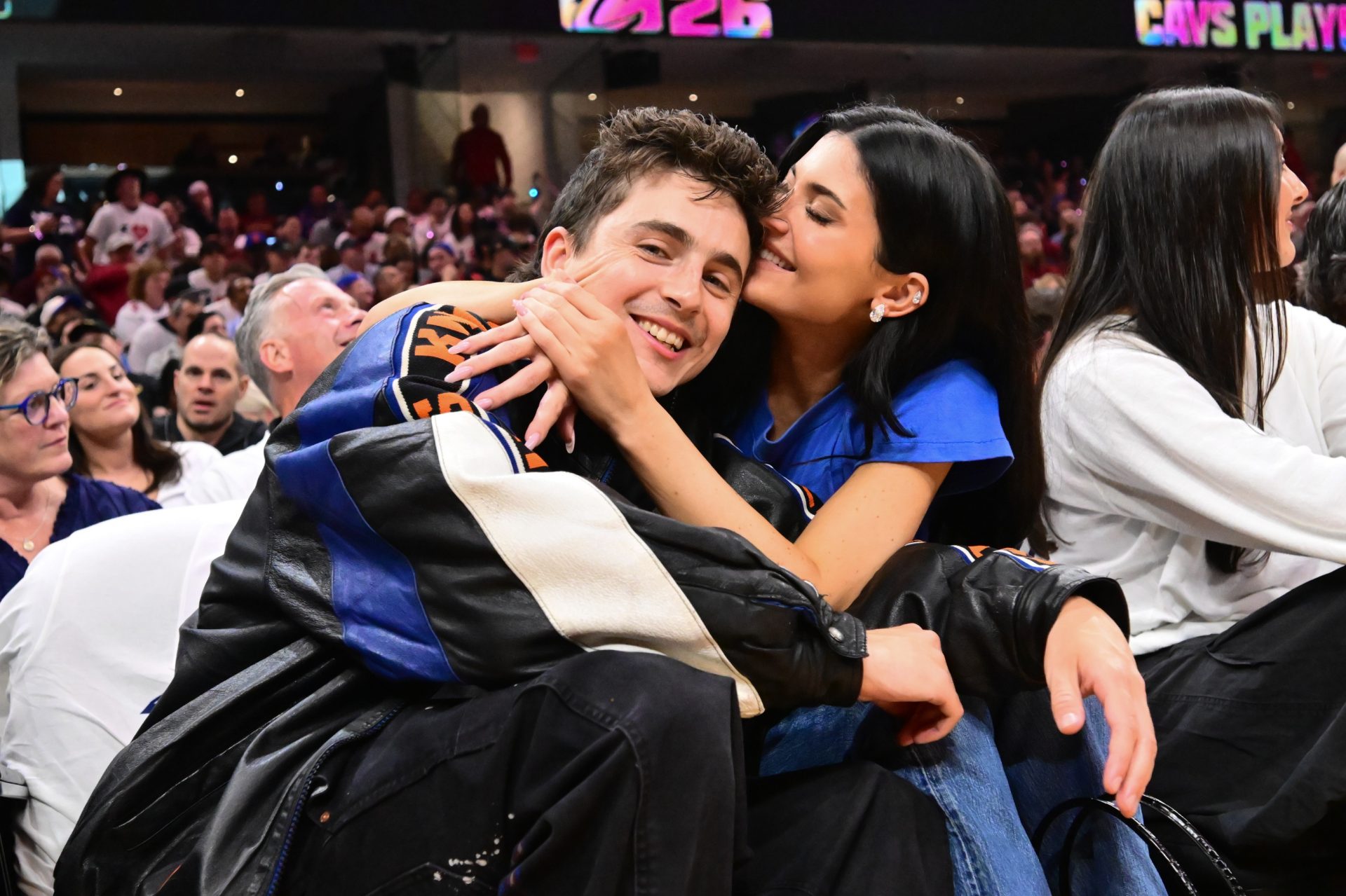 American actor Timotheée Chalamet and Kylie Jenner in attendance during game four of the eastern conference finals for the 2026 NBA playoffs between the New York Knicks and Cleveland Cavaliers at Rocket Arena - Source: Imagn Images