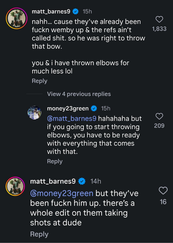Draymond Green and Matt Barnes' exchange on Instagram
