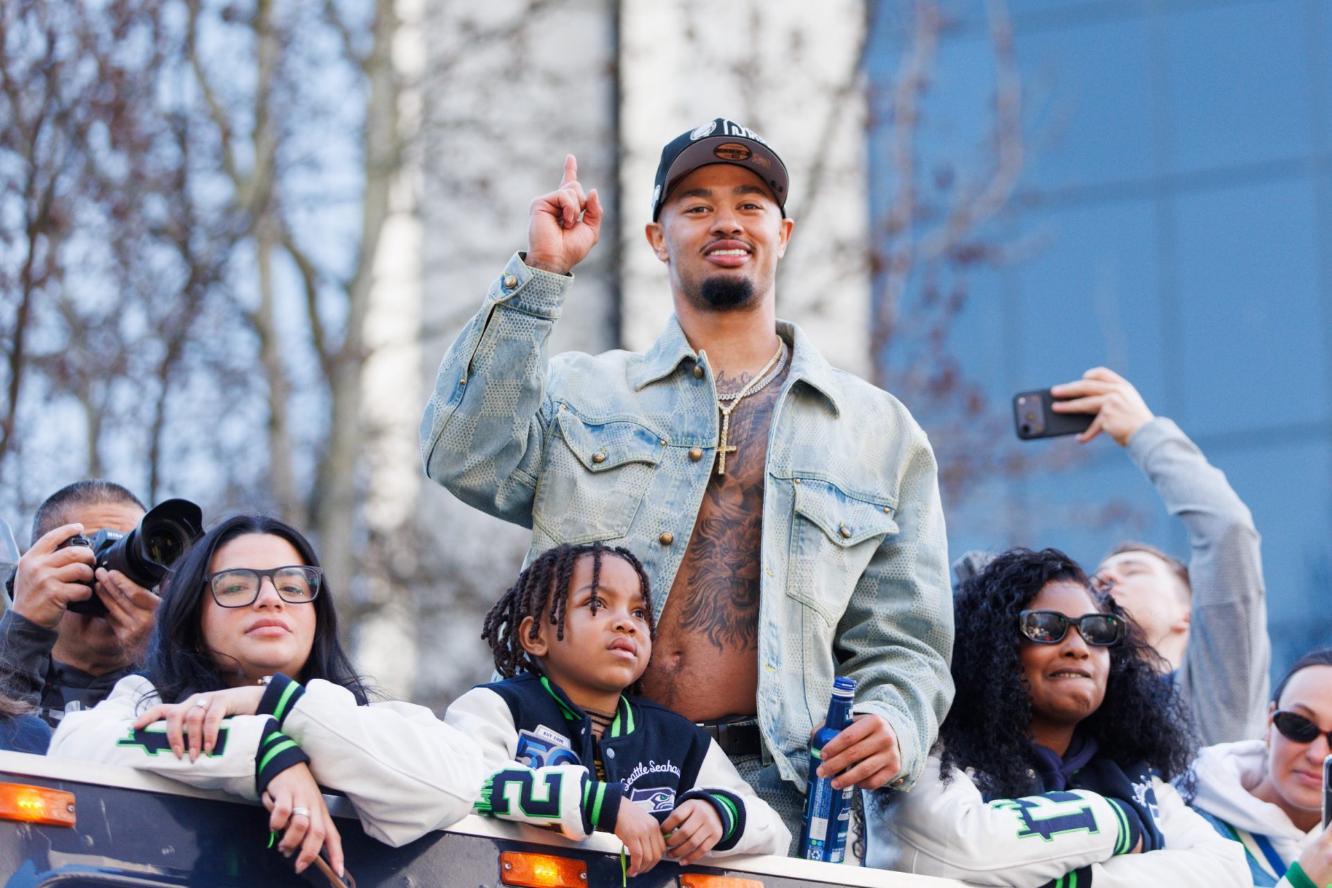 Seattle Seahawks wide receiver Jaxon Smith-Njigba (11) reacts during the Super Bowl LX parade. Source: Imagn