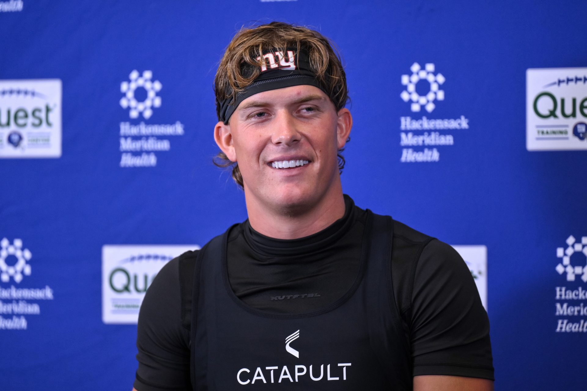 New York Giants quarterback Jaxson Dart (6) speaks at a press conference during organized team activities at Quest Diagnostics Training Center. Source: Imagn