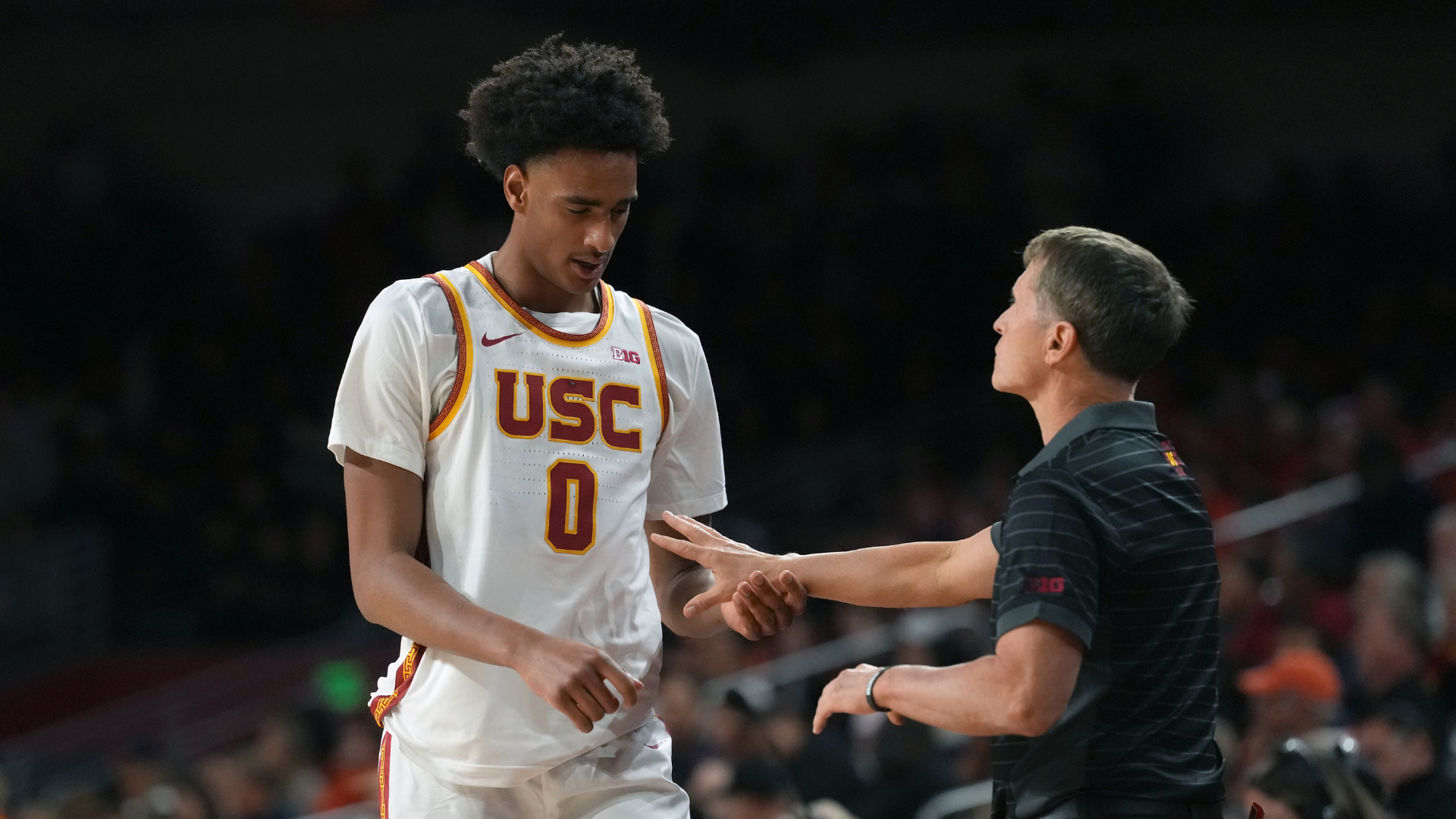 Southern California Trojans head coach Eric Musselman and guard Alijah Arenas.
Source: Kirby Lee-Imagn Images