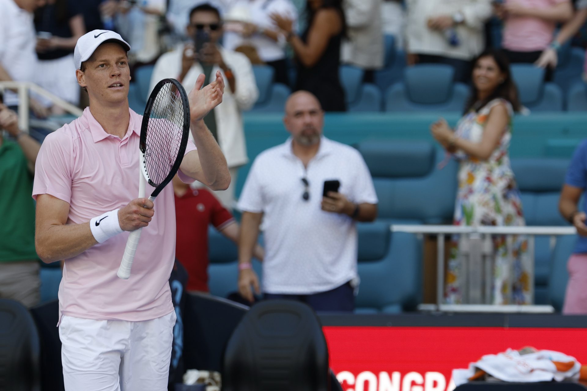 Jannik Sinner (ITA) waves to the crowd after his match against Damir D?umhur (BIH) (not pictured) on day five of the 2026 Miami Open at Hard Rock Stadium.