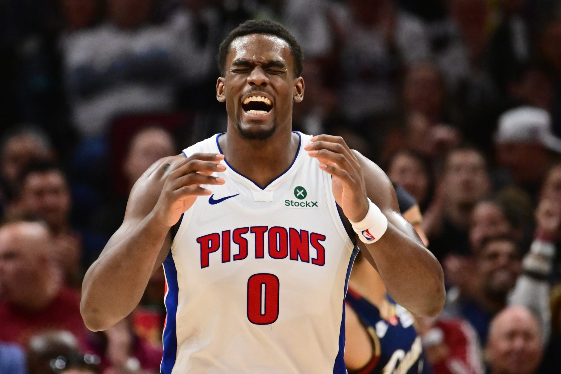 Detroit Pistons center Jalen Duren (0) reacts after a play against the Cleveland Cavaliers during the second half of game four in the second round of the 2026 NBA Playoffs at Rocket Arena - Source: Imagn Images