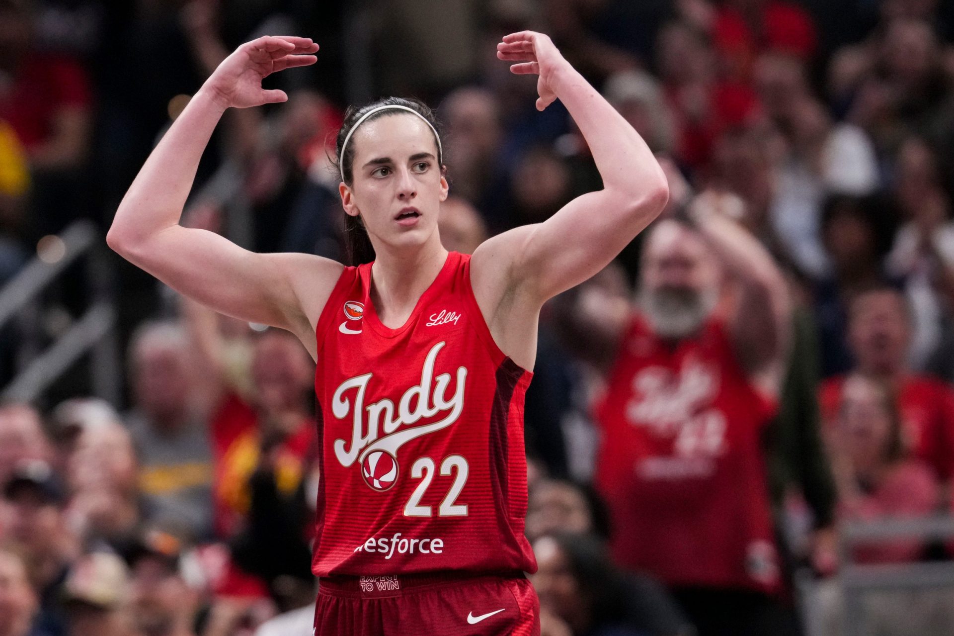 Indiana Fever guard Caitlin Clark (22) gets the crowd excited Saturday, May 9, 2026, during the second half of the Fever’s season opener game at Gainbridge Fieldhouse in Indianapolis. The Dallas Wings defeated the Indiana Fever, 107-104 - Source: Imagn Images