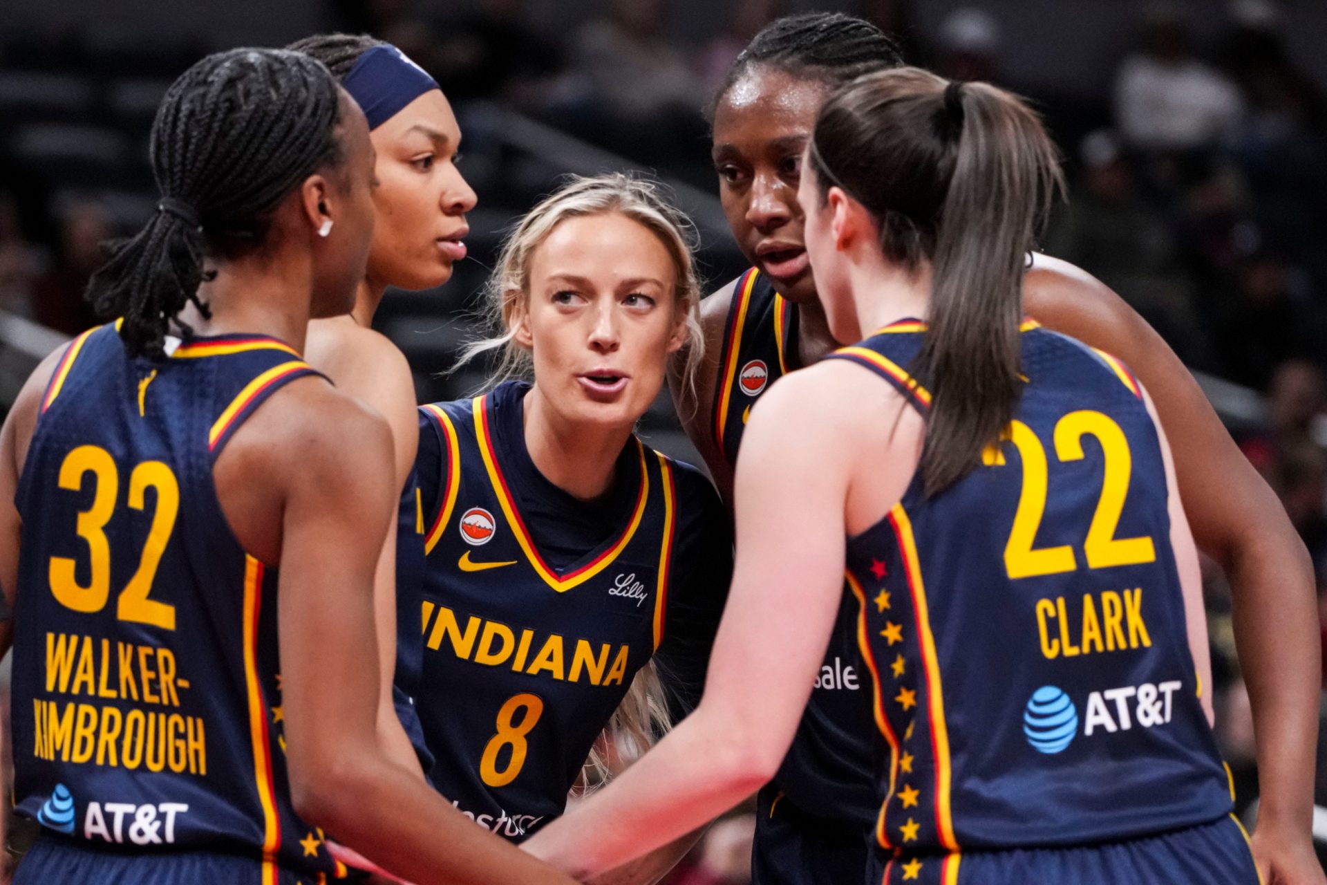 The Indiana Fever huddle up Saturday, May 2, 2026, during the first half of a preseason game at Gainbridge Fieldhouse in Indianapolis - Source: Imagn Images