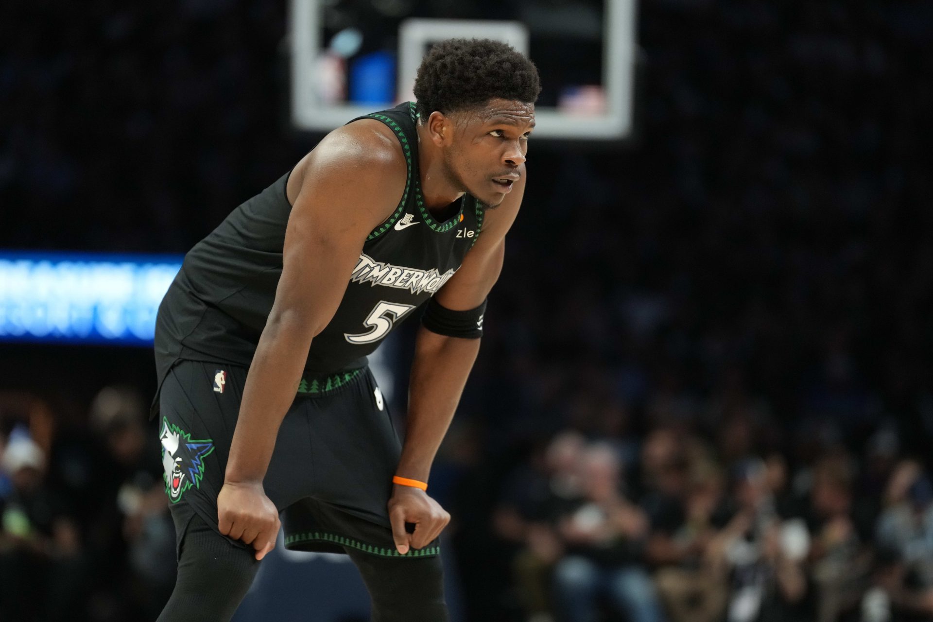 Minnesota Timberwolves guard Anthony Edwards (5) looks on against the San Antonio Spurs in the first half during game six of the second round of the 2026 NBA Playoffs at Target Center - Source: Imagn Images