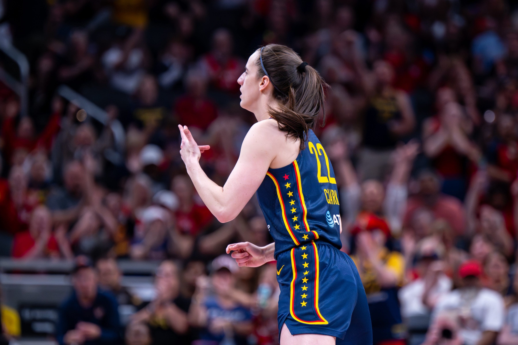 Indiana Fever guard Caitlin Clark (22) reacts after scoring during the first half of an WNBA basketball game against the Seattle Storm, Sunday, May 17, 2026, at Gainbridge Fieldhouse.