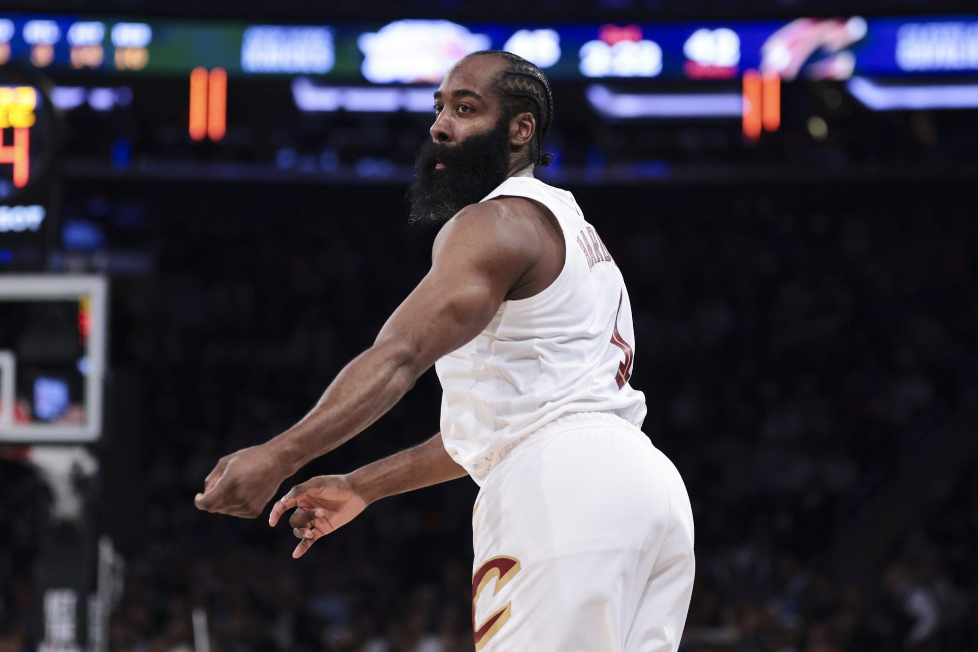 Cleveland Cavaliers guard James Harden (1) reacts during the second quarter of game two of the eastern conference finals of the 2026 NBA playoffs against the New York Knicks at Madison Square Garden - Source: Imagn Images
